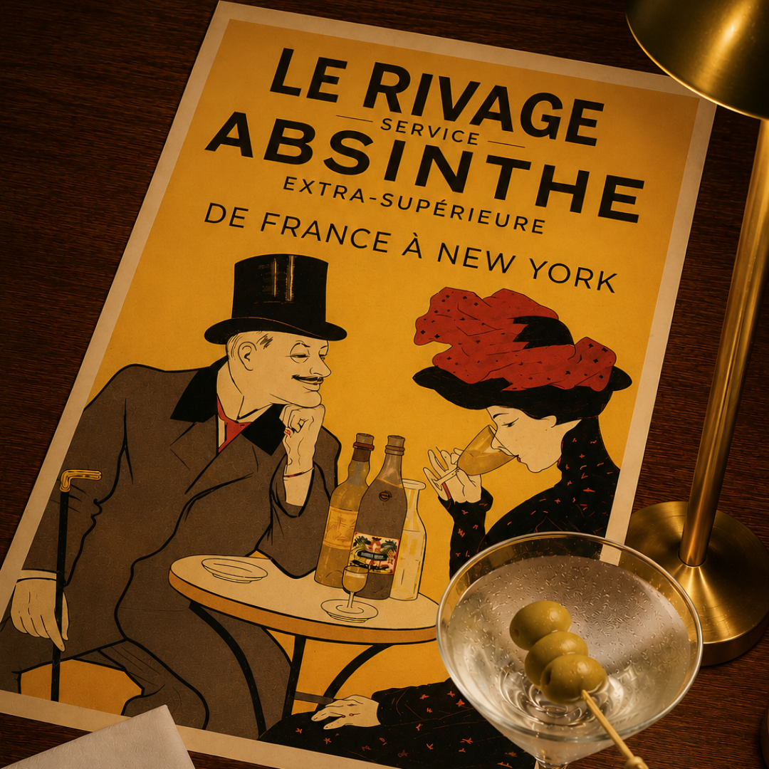 A vintage-style Absinthe advertisement print titled 'Le Rivage Service Absinthe' is displayed on a dark wooden table next to a martini glass with olives, a gold lamp, and a napkin with a lipstick kiss mark.