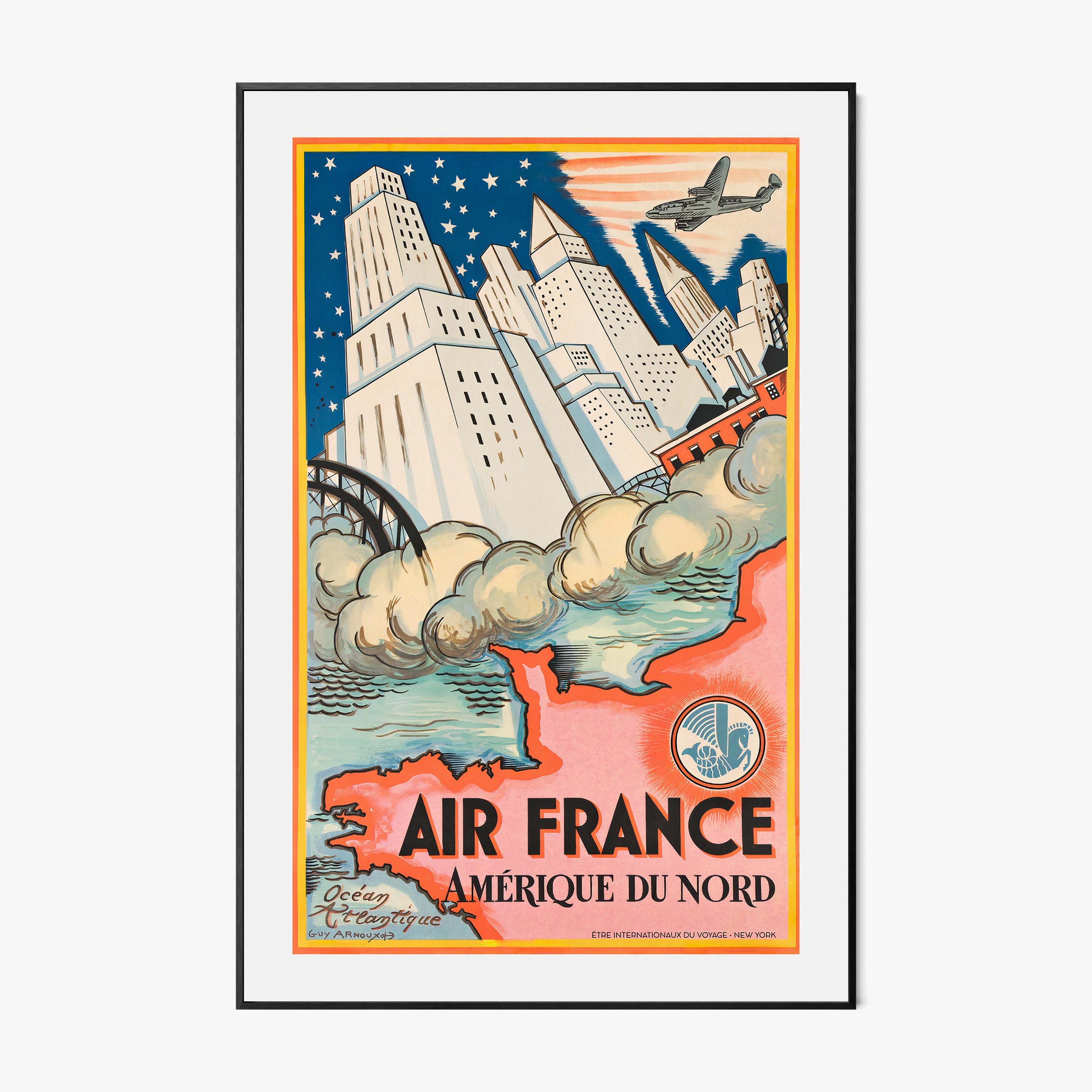 Framed poster featuring skyscrapers and a flying plane, set against a starry sky and the outline of North America with the text "Air France" at the bottom hanging on a white background