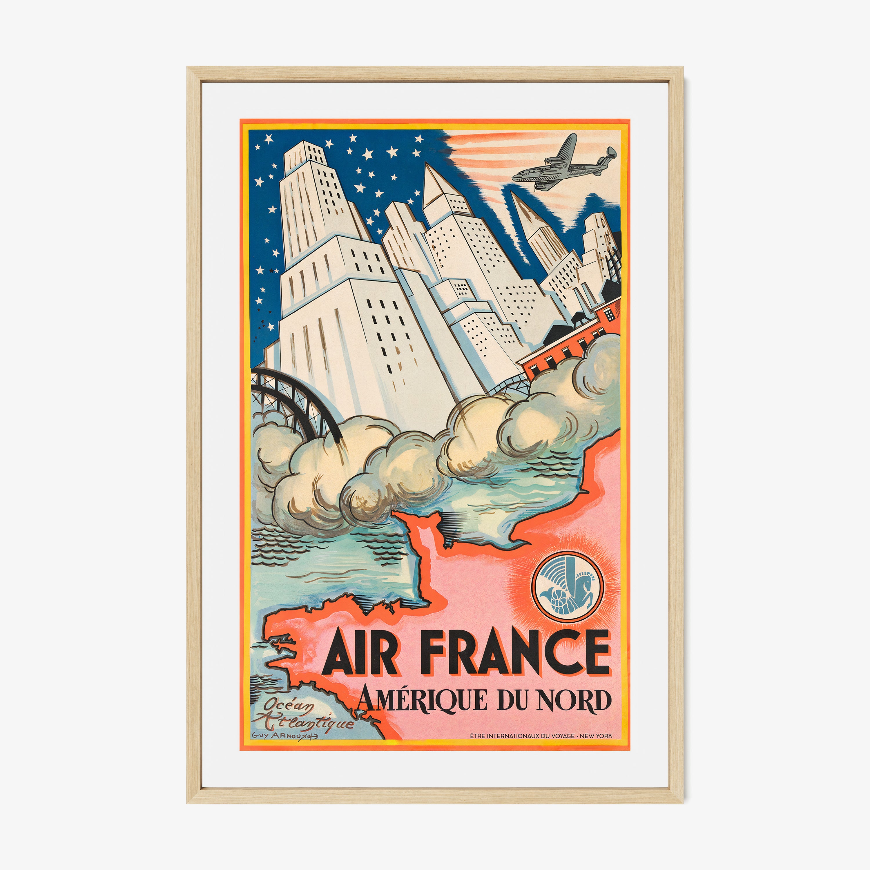 Framed poster featuring skyscrapers and a flying plane, set against a starry sky and the outline of North America with the text "Air France" at the bottom hanging on a white background
