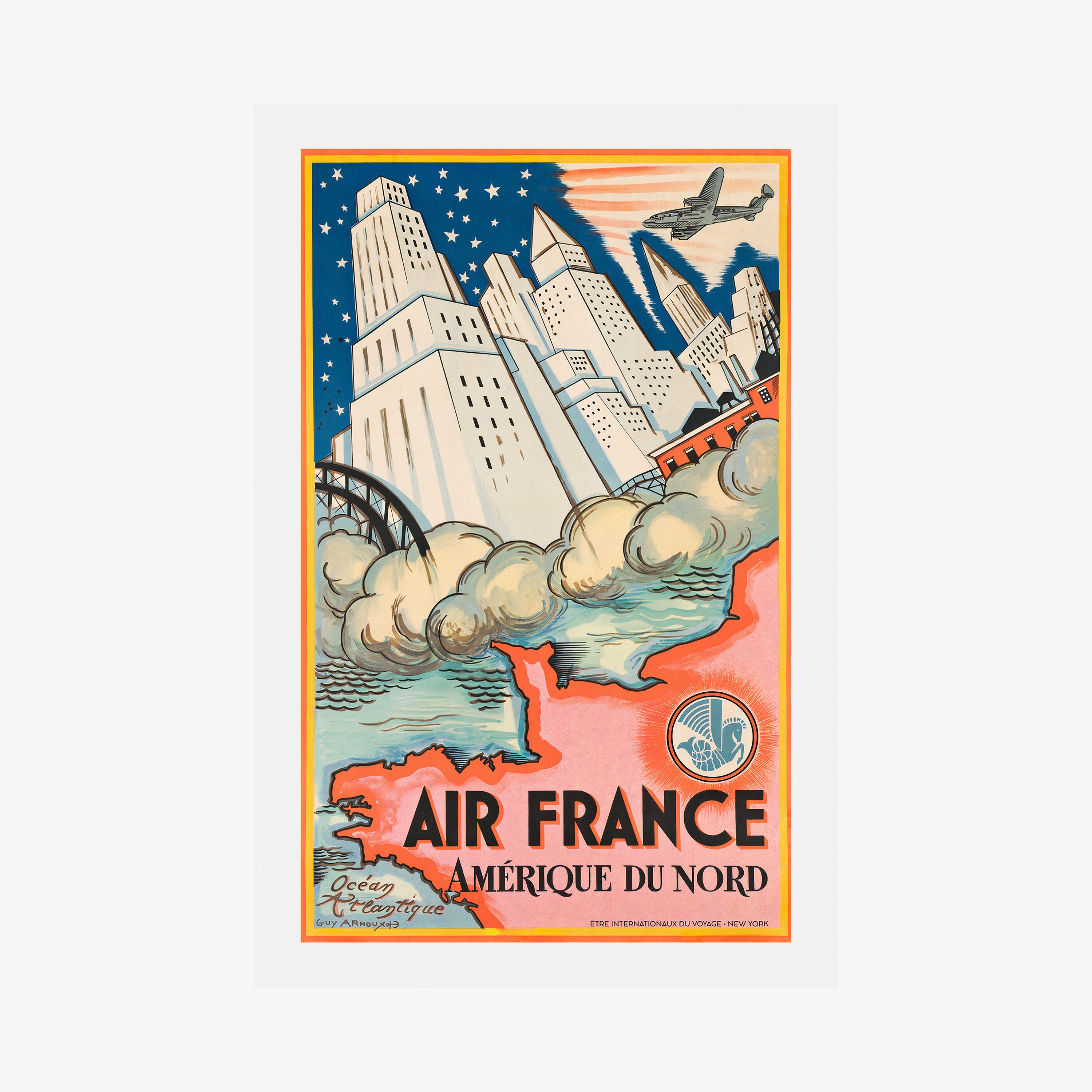 Poster featuring skyscrapers and a flying plane, set against a starry sky and the outline of North America with the text "Air France" at the bottom hanging on a white background