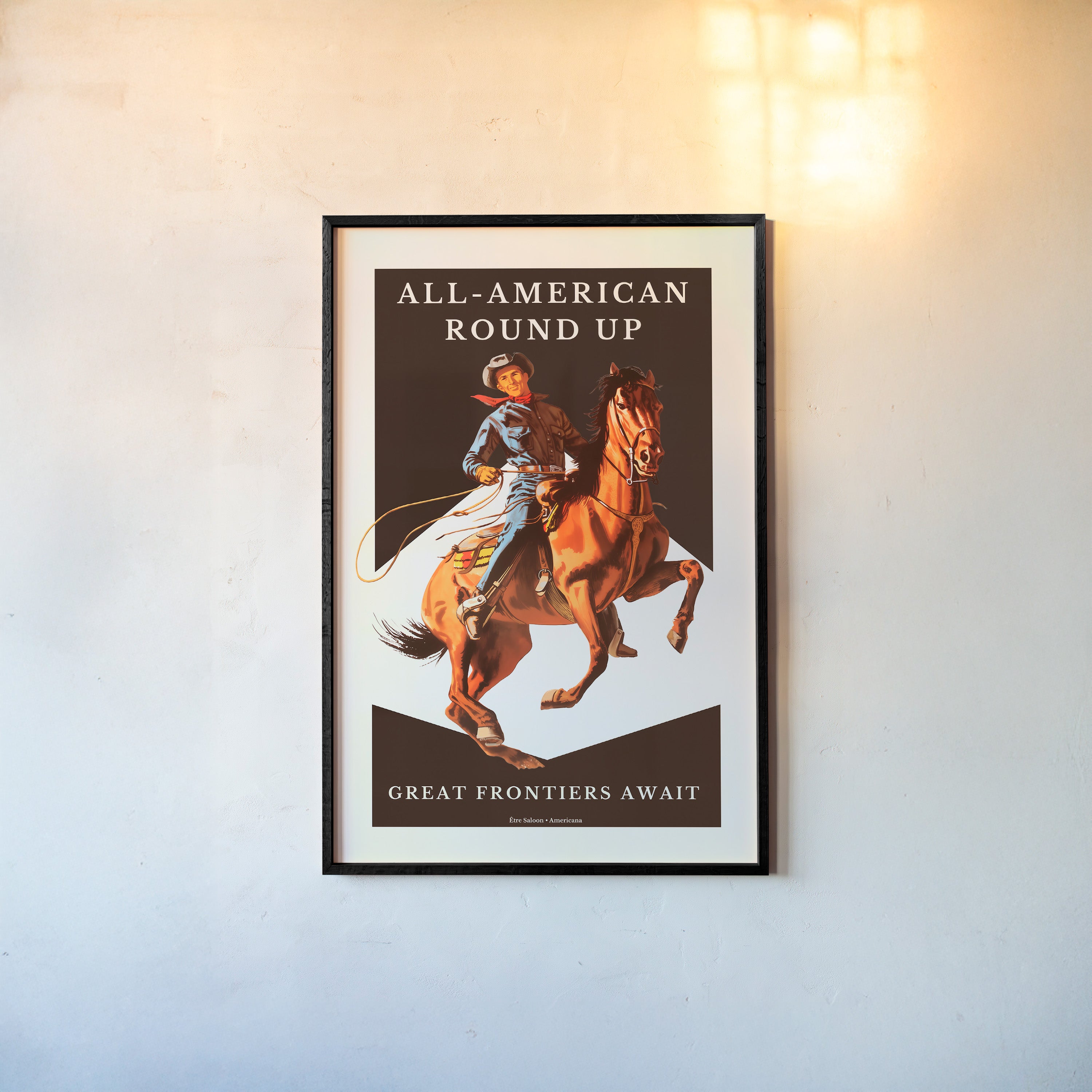 A framed Western-style poster shows a cowboy riding a rearing horse