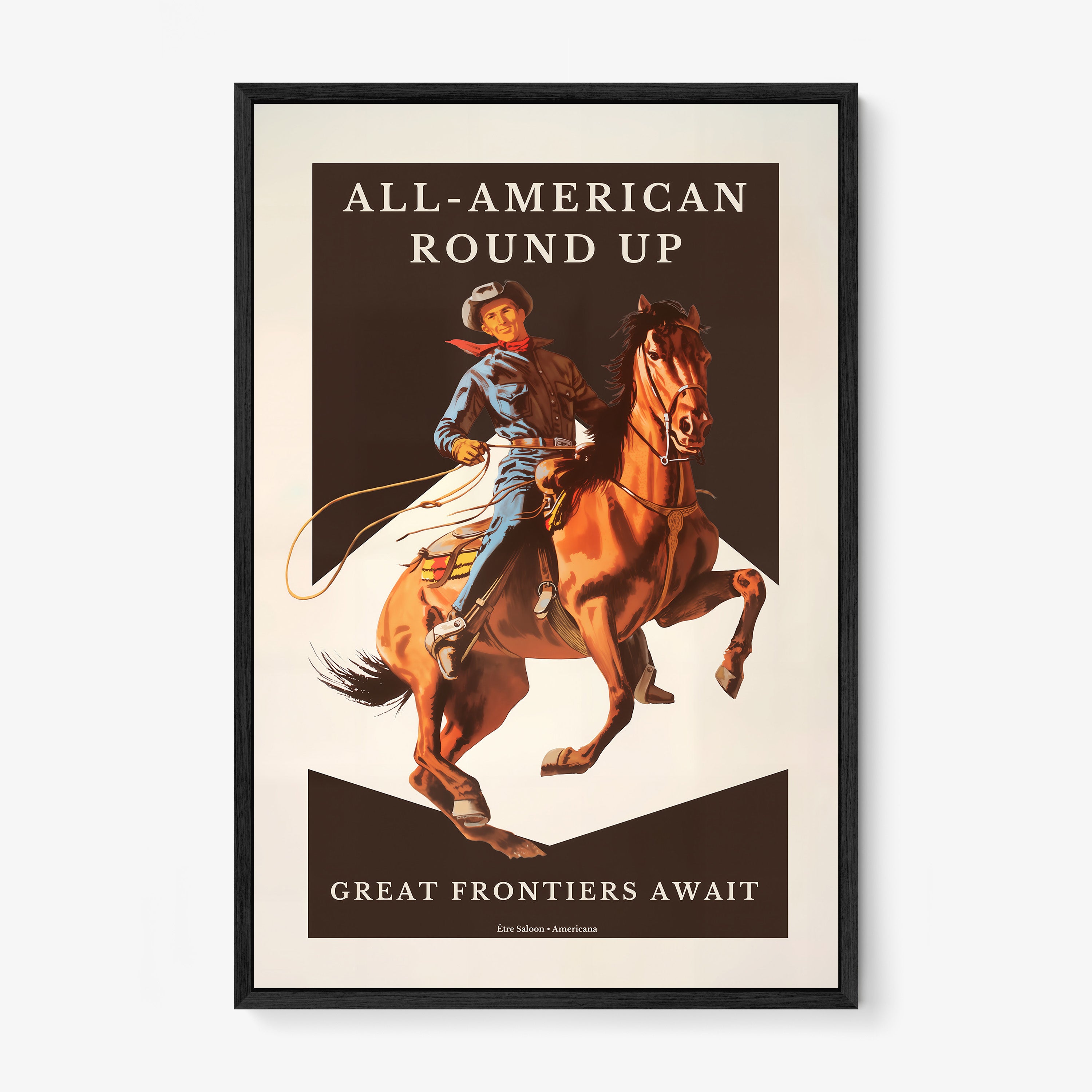 A framed Western-style poster shows a cowboy riding a rearing horse