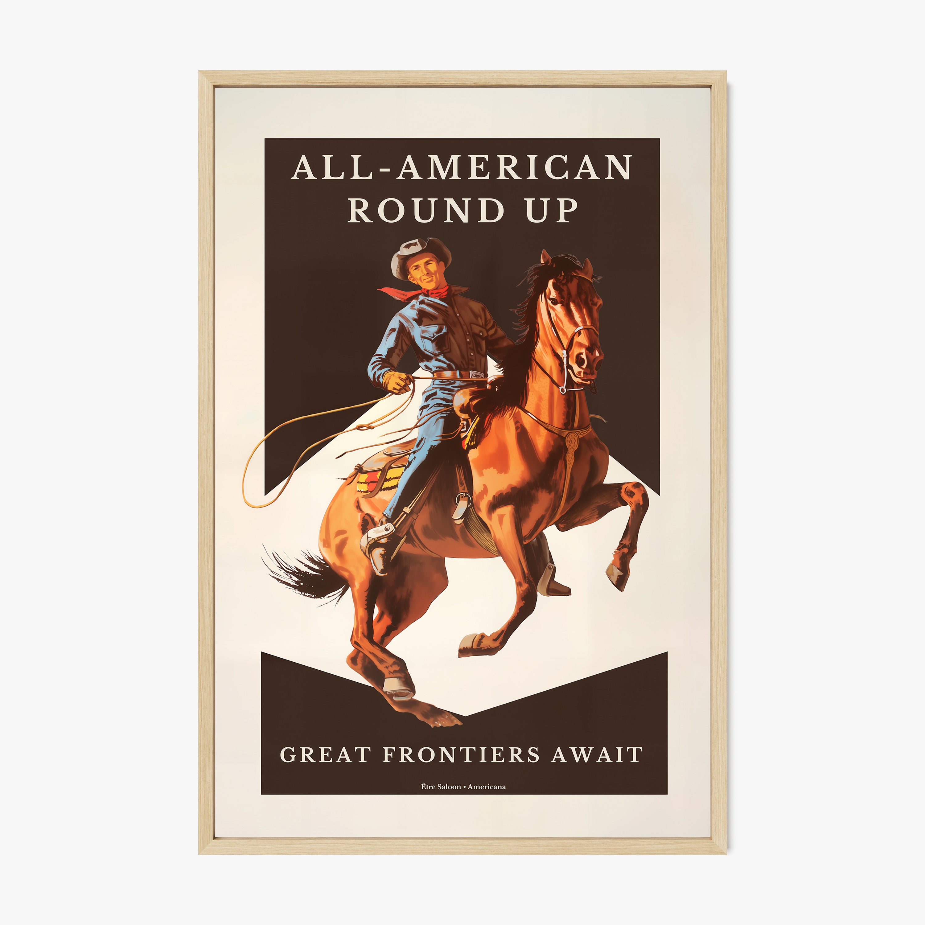 A framed Western-style poster shows a cowboy riding a rearing horse