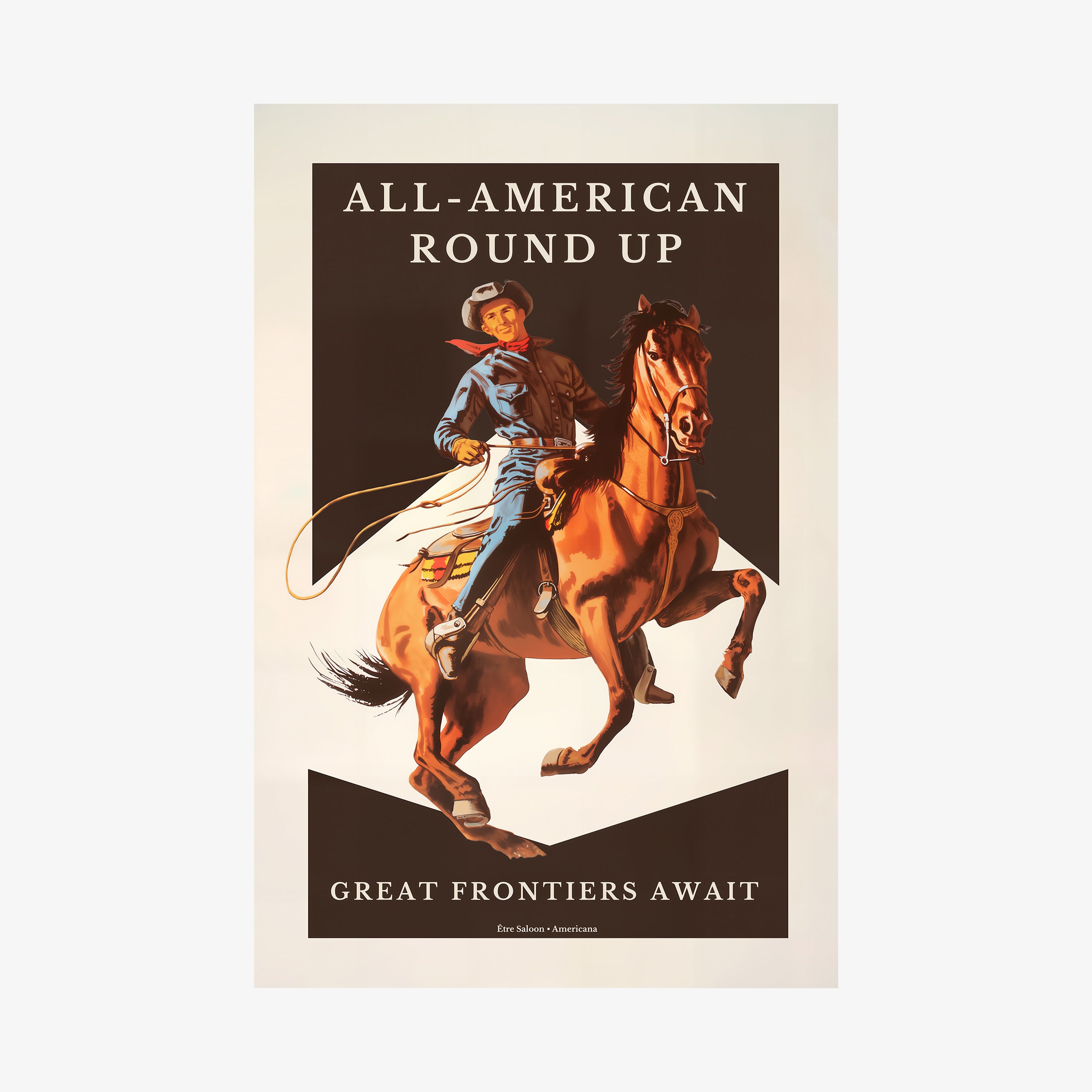 A Western-style poster shows a cowboy riding a rearing horse