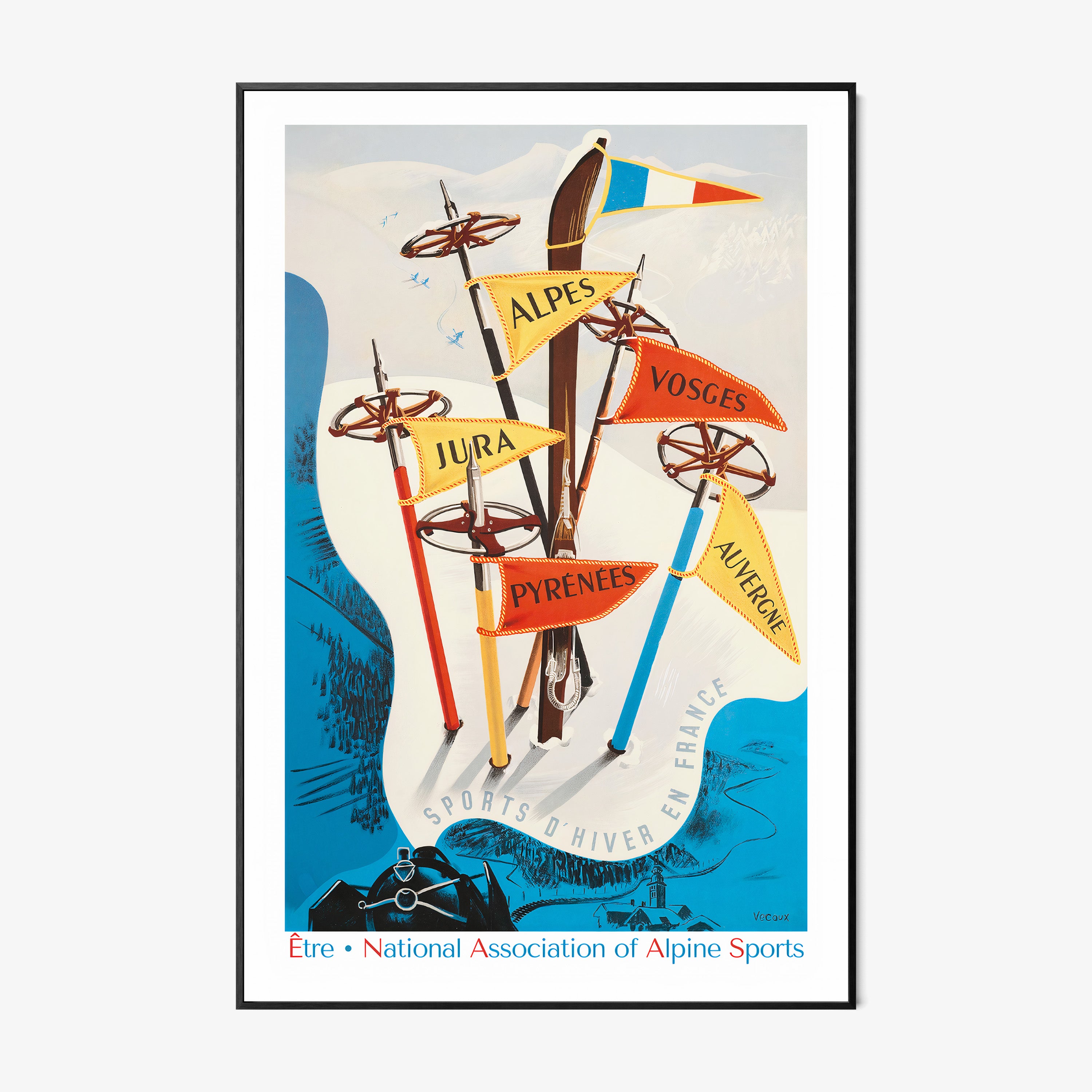 Framed poster of vintage cartoon style skis and poles sticking out of the snowy ground with flags attached to them hanging on a white backdrop