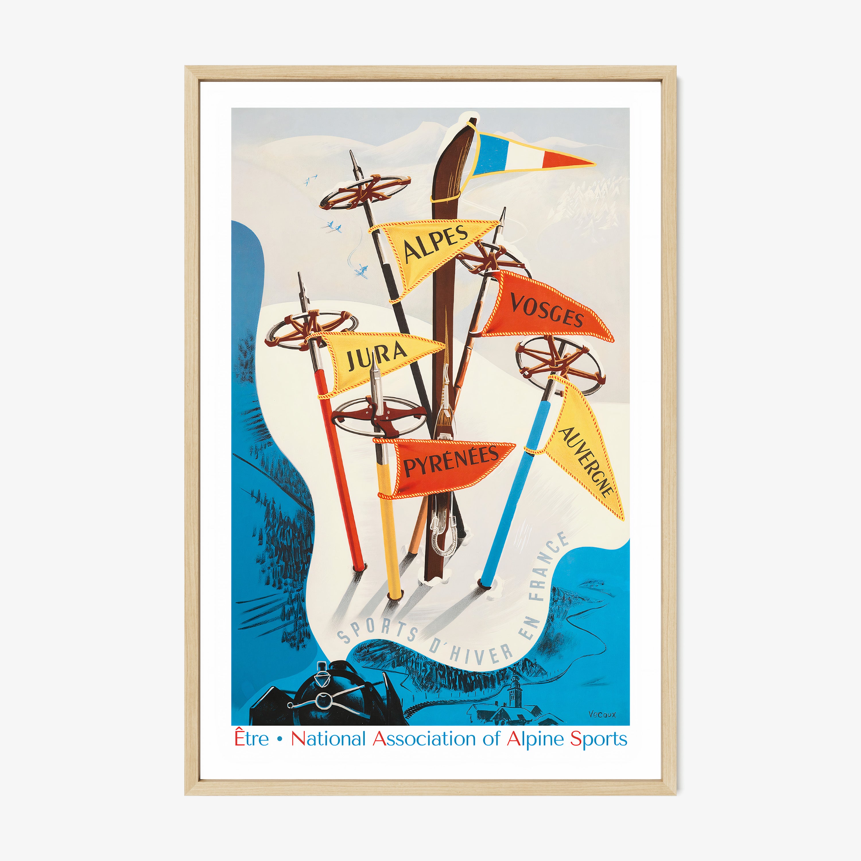 Framed poster of vintage cartoon style skis and poles sticking out of the snowy ground with flags attached to them hanging on a white backdrop