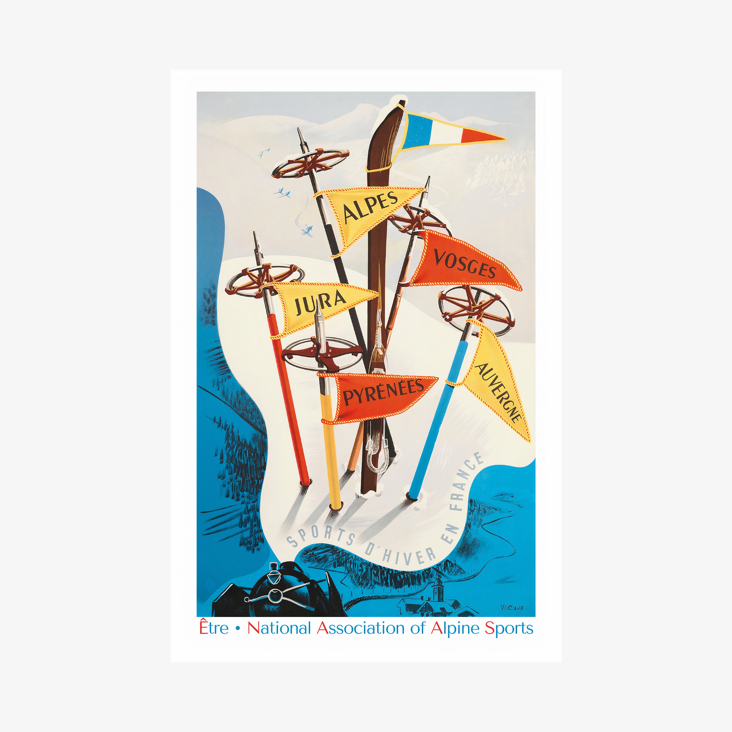 Poster of vintage cartoon style skis and poles sticking out of the snowy ground with flags attached to them hanging on a white backdrop