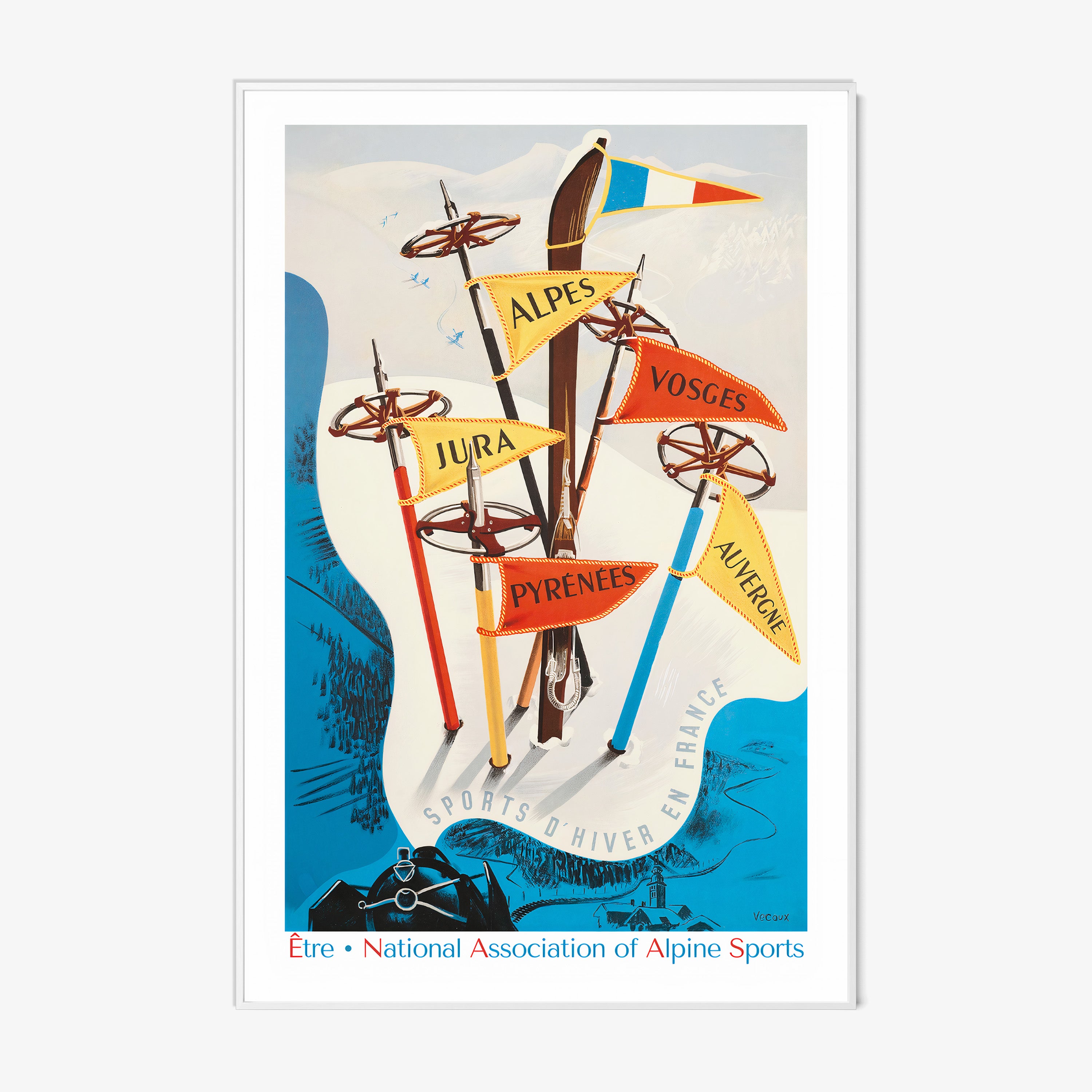Framed poster of vintage cartoon style skis and poles sticking out of the snowy ground with flags attached to them hanging on a white backdrop
