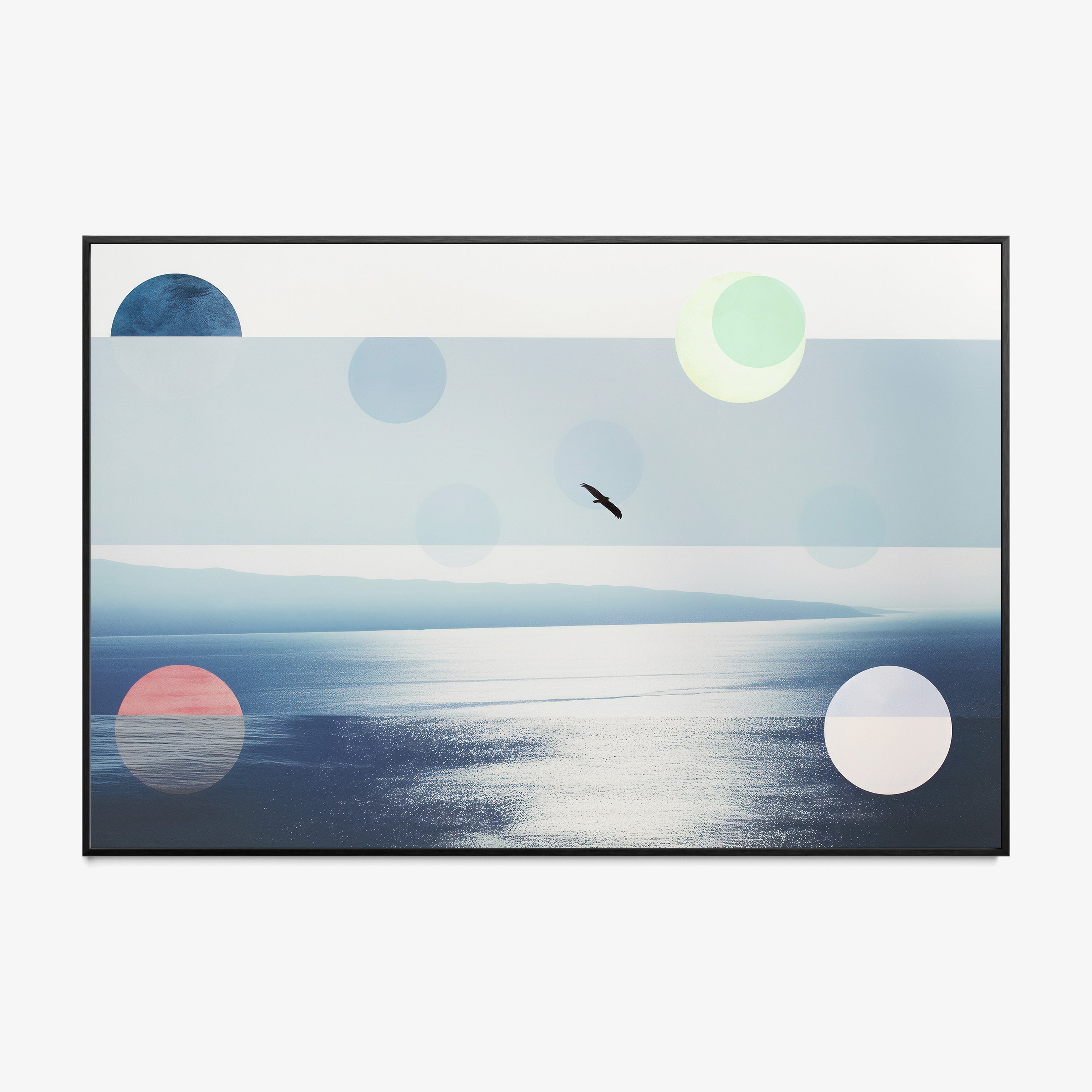 Framed poster featuring an ocean scene with a bird flying hanging on a light background