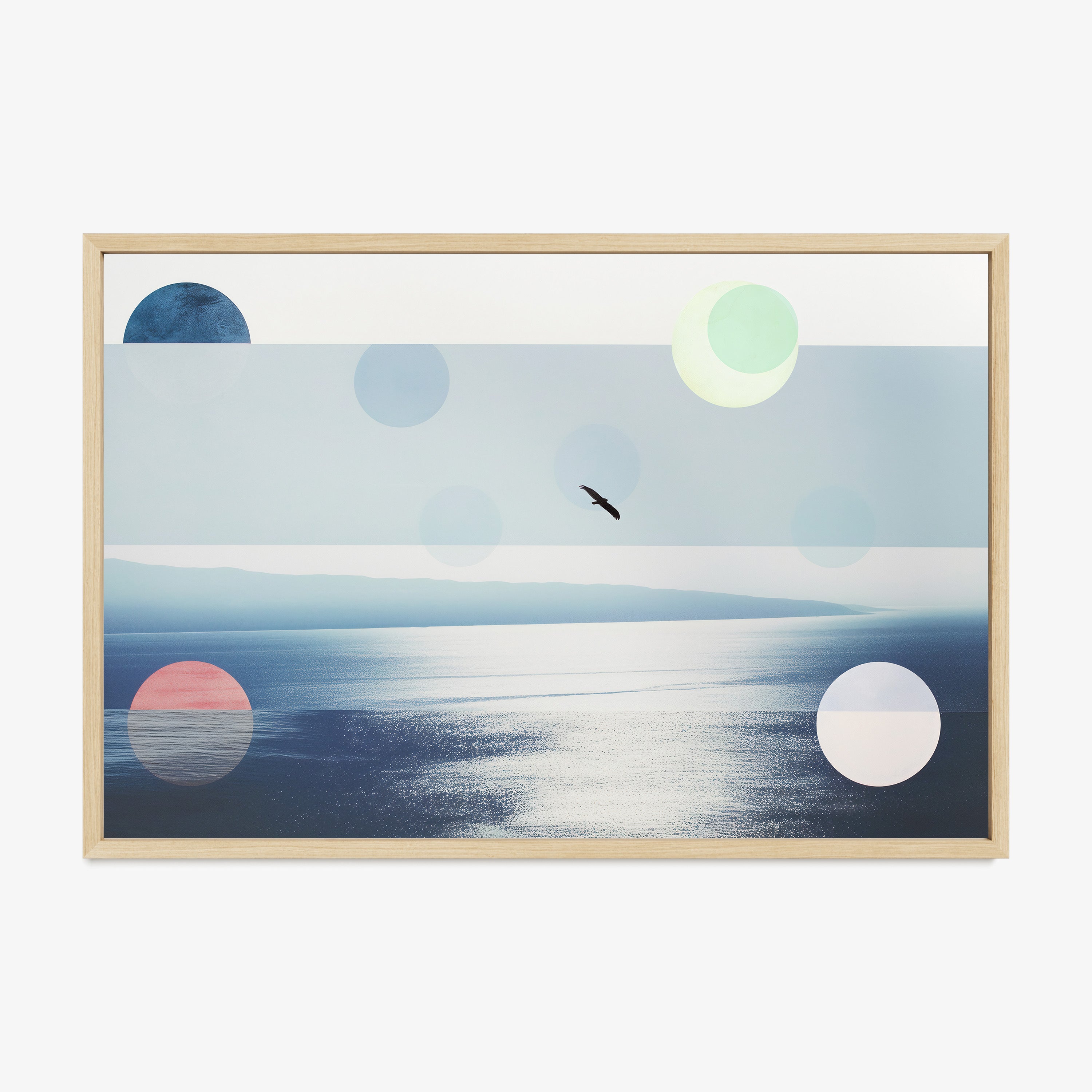 Framed poster featuring an ocean scene with a bird flying hanging on a light background