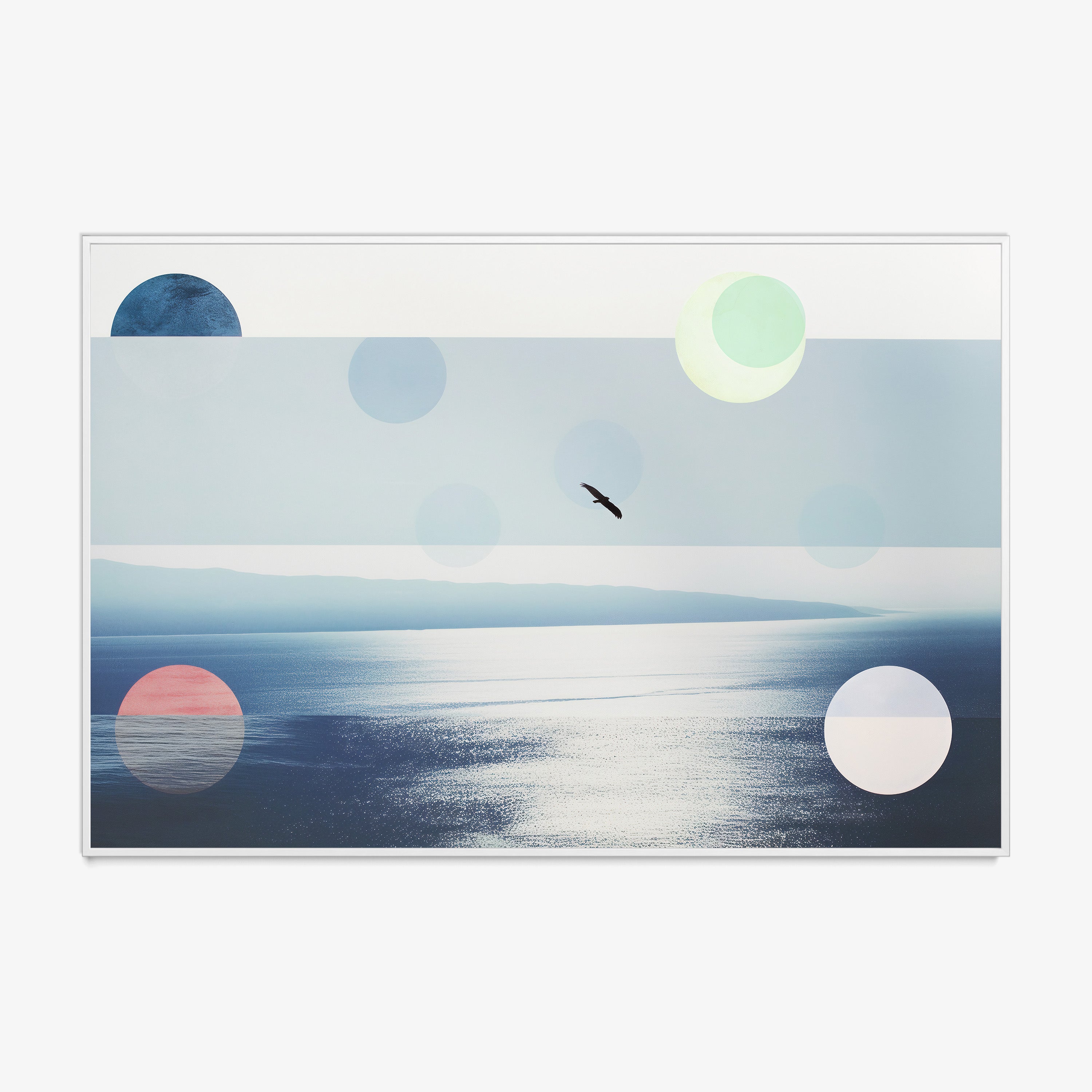 Framed poster featuring an ocean scene with a bird flying hanging on a light background
