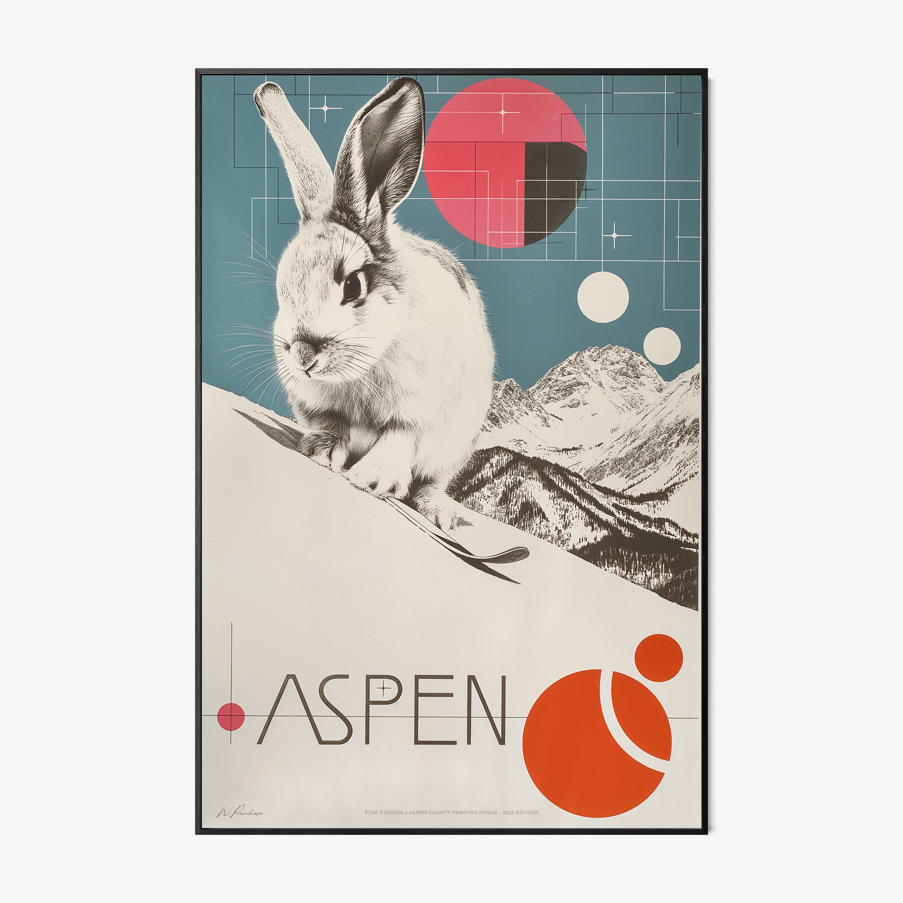 Framed poster of a rabbit on a ski slope with the text "Aspen" written out at the bottom
