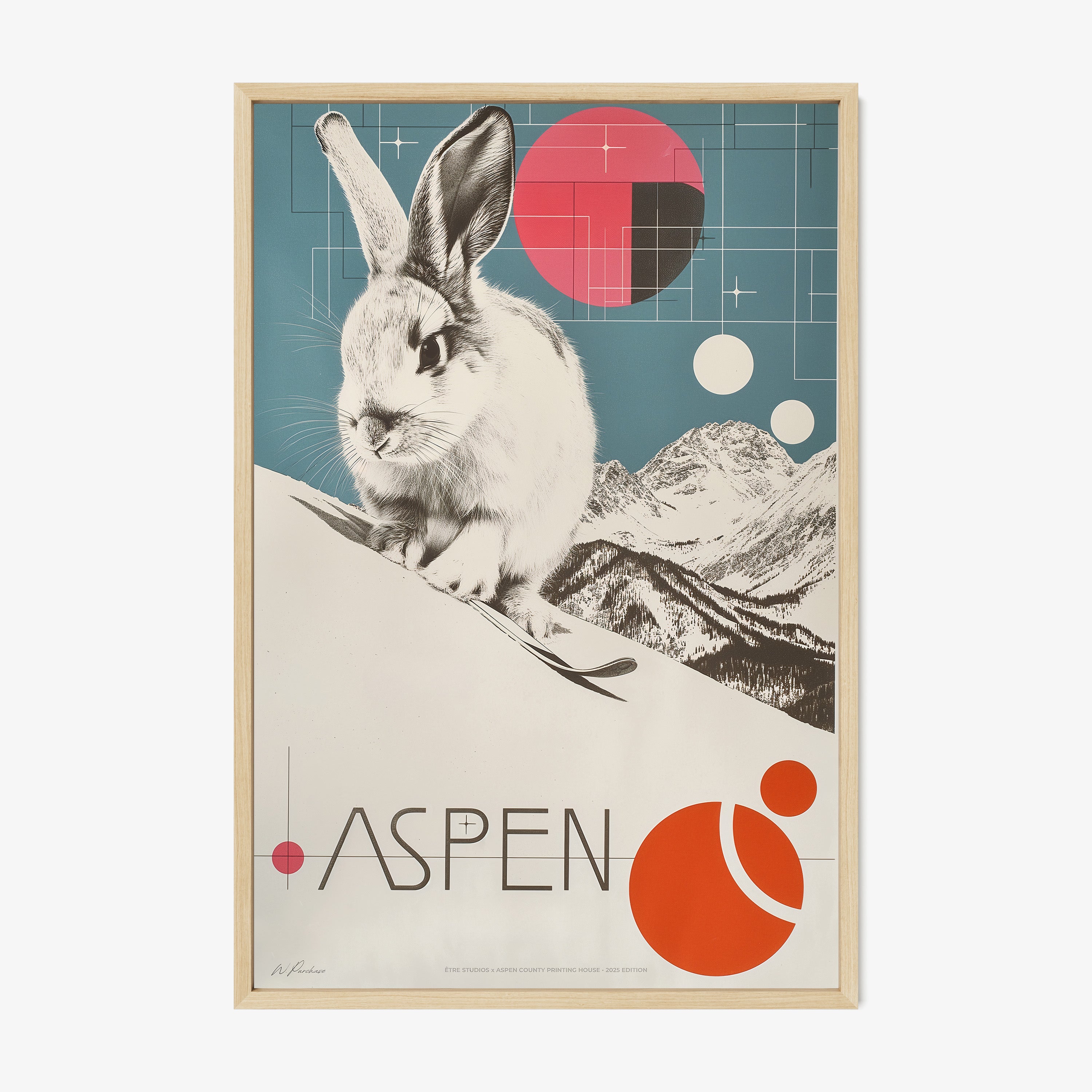 Framed poster of a rabbit on a ski slope with the text "Aspen" written out at the bottom