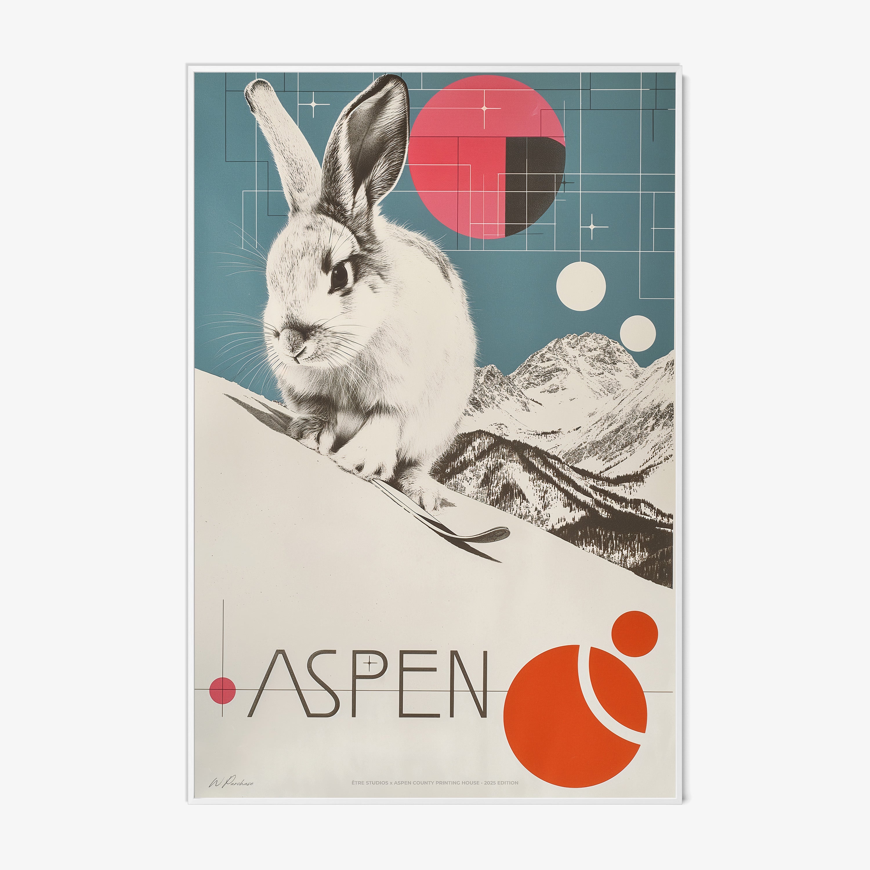 Framed poster of a rabbit on a ski slope with the text "Aspen" written out at the bottom