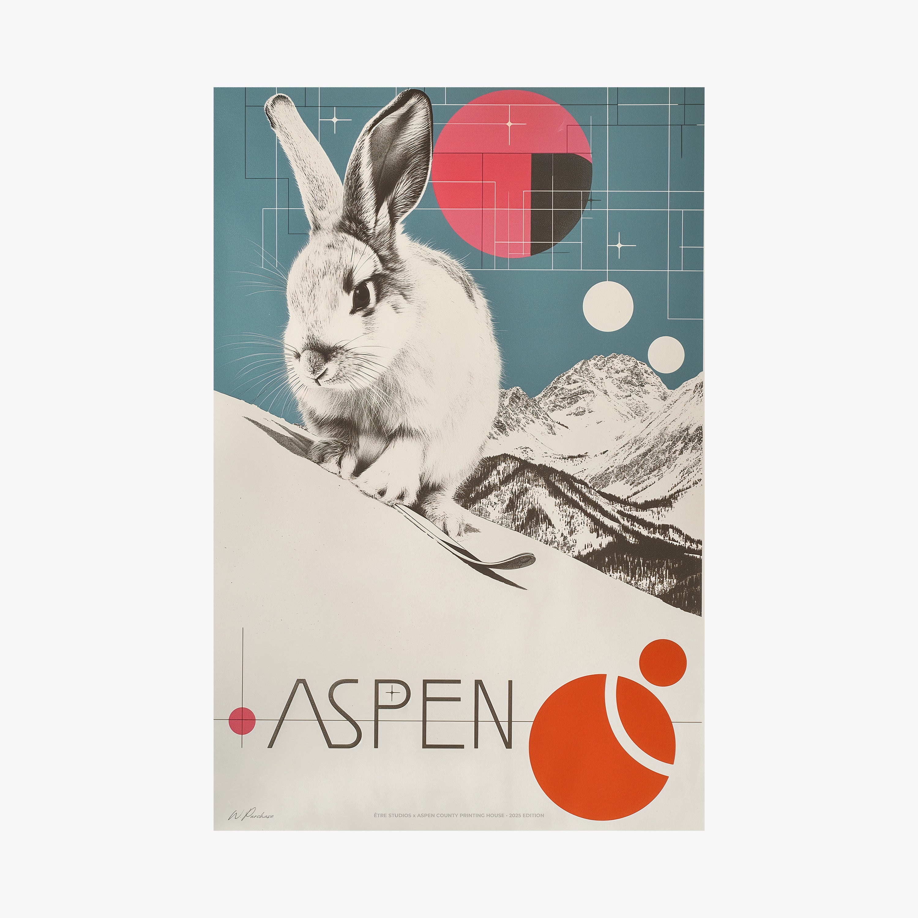 Poster of a rabbit on a ski slope with the text "Aspen" written out at the bottom