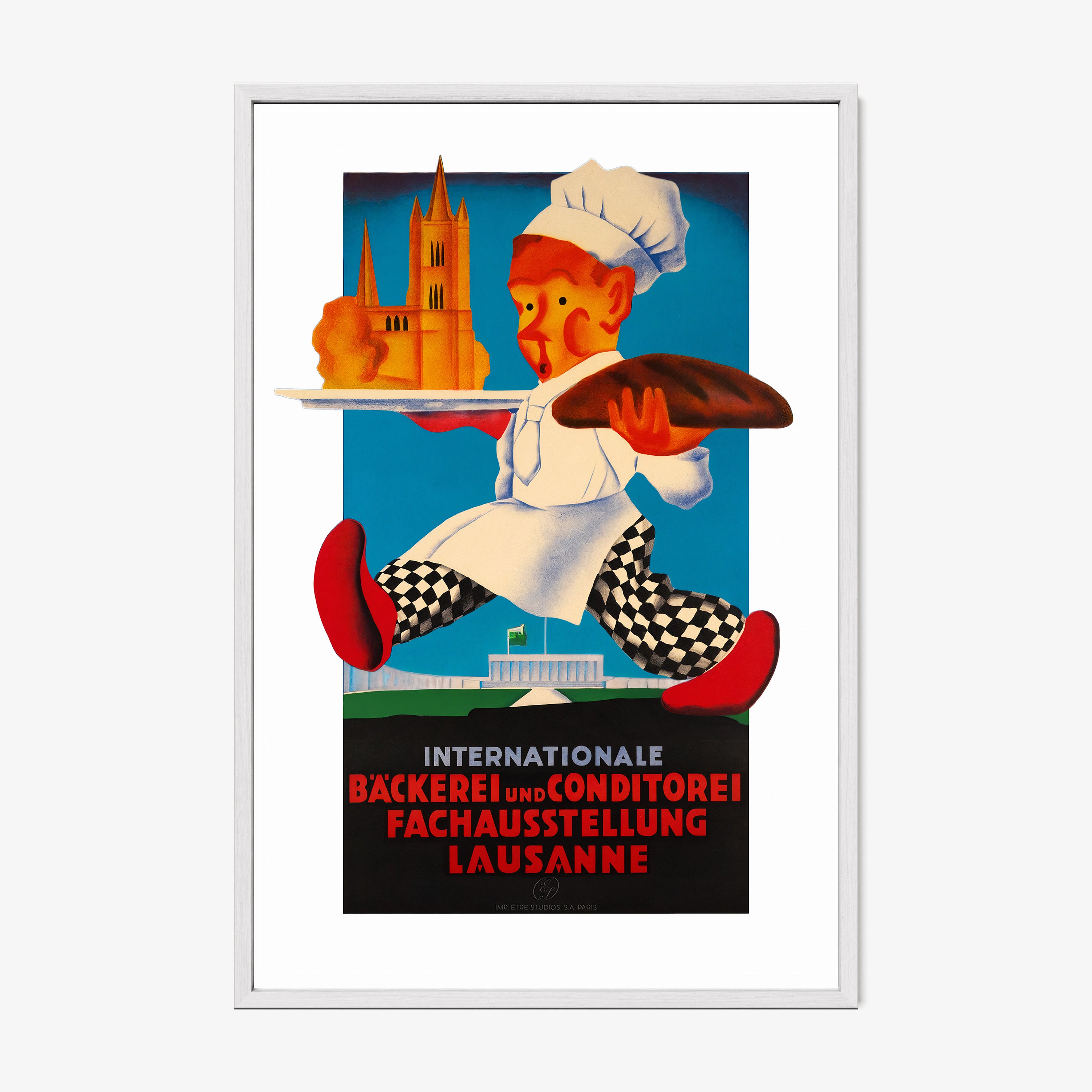 A framed poster features a whimsical chef with a bold art style