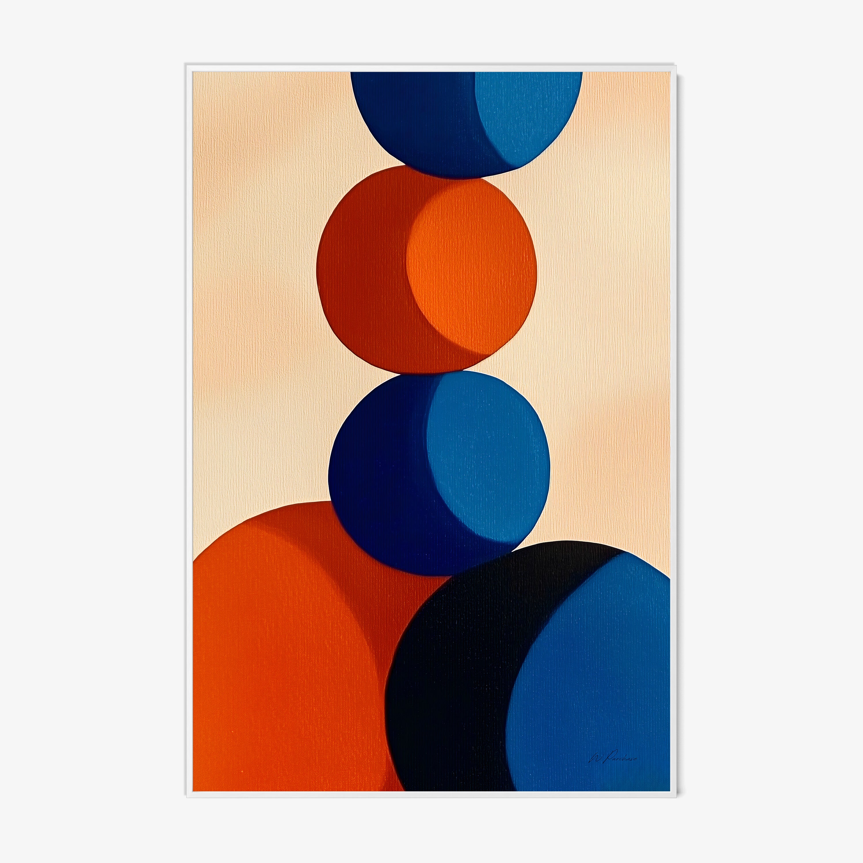 Framed poster of red and blue circle stacked on each other hanging on a light background