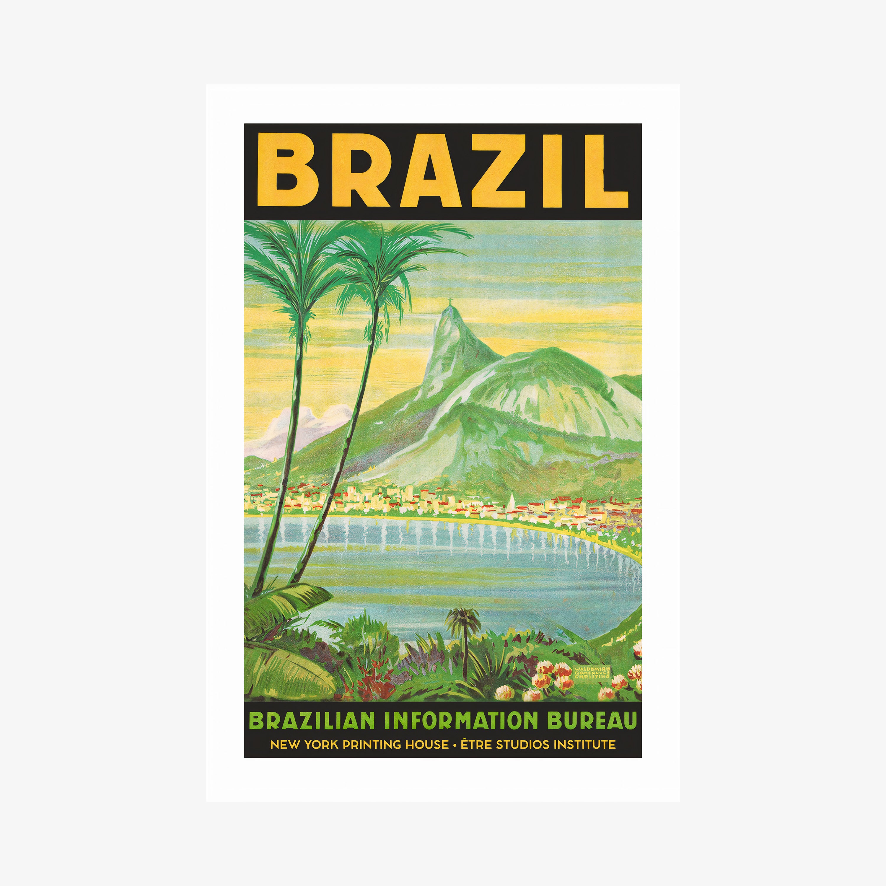 Poster of a waterfront with mountains in the background and the words "Brazil" in large letters at the top sitting on a light background
