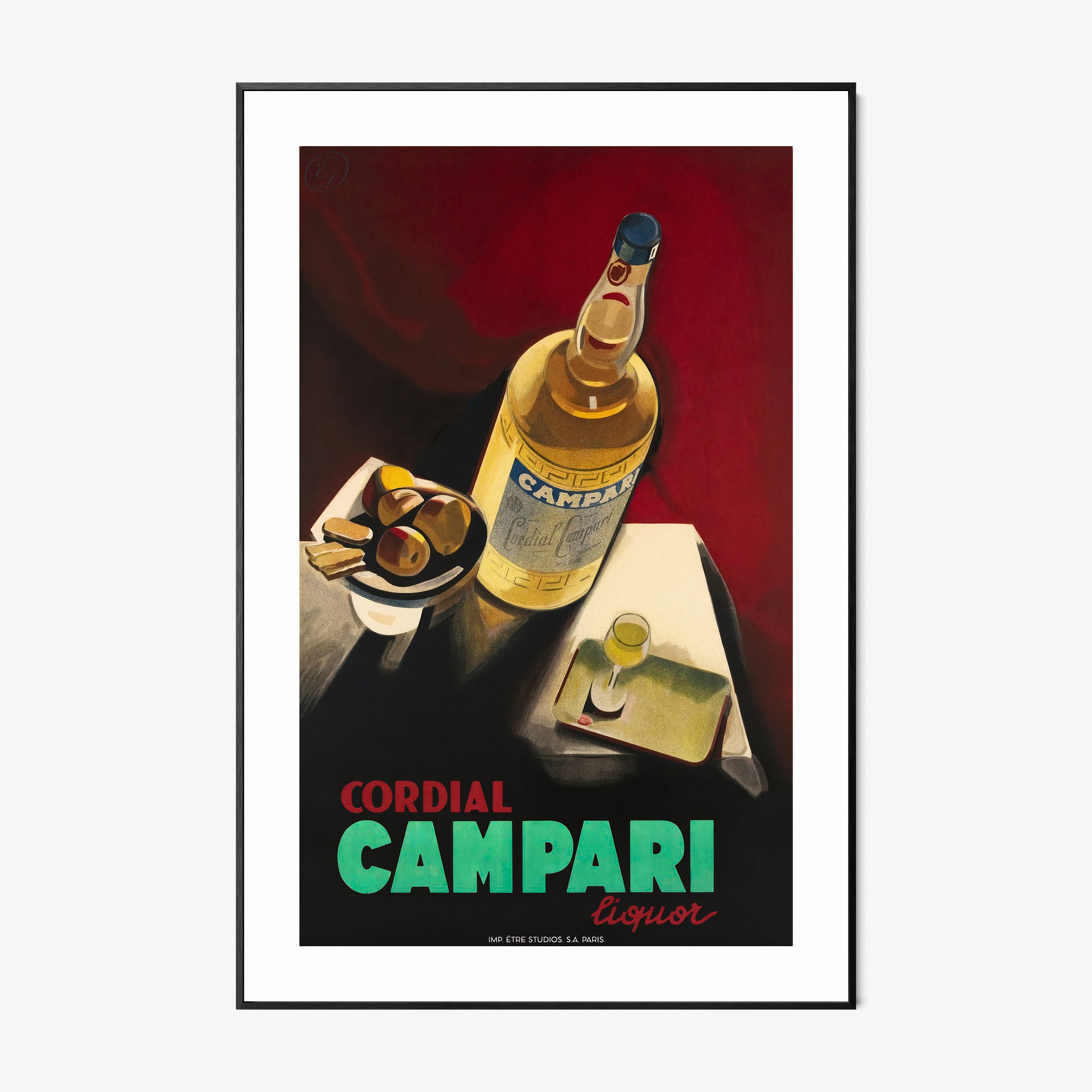 A framed poster features cordial campari liquor