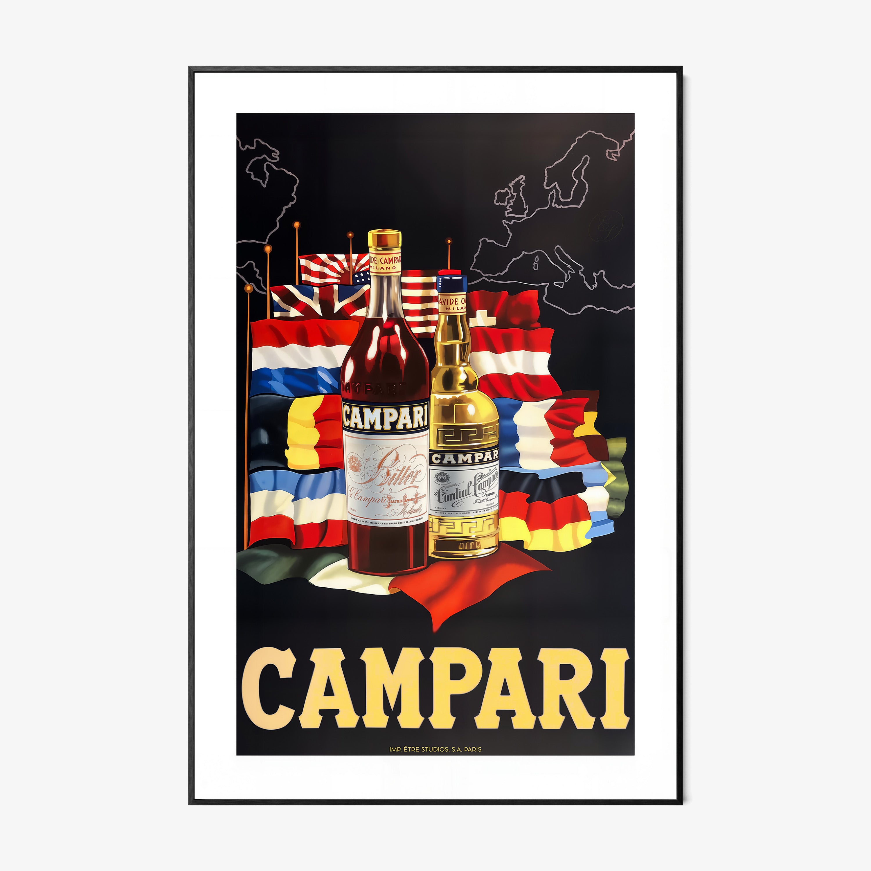 A framed poster features "Campari" bottles with various international flags in the background