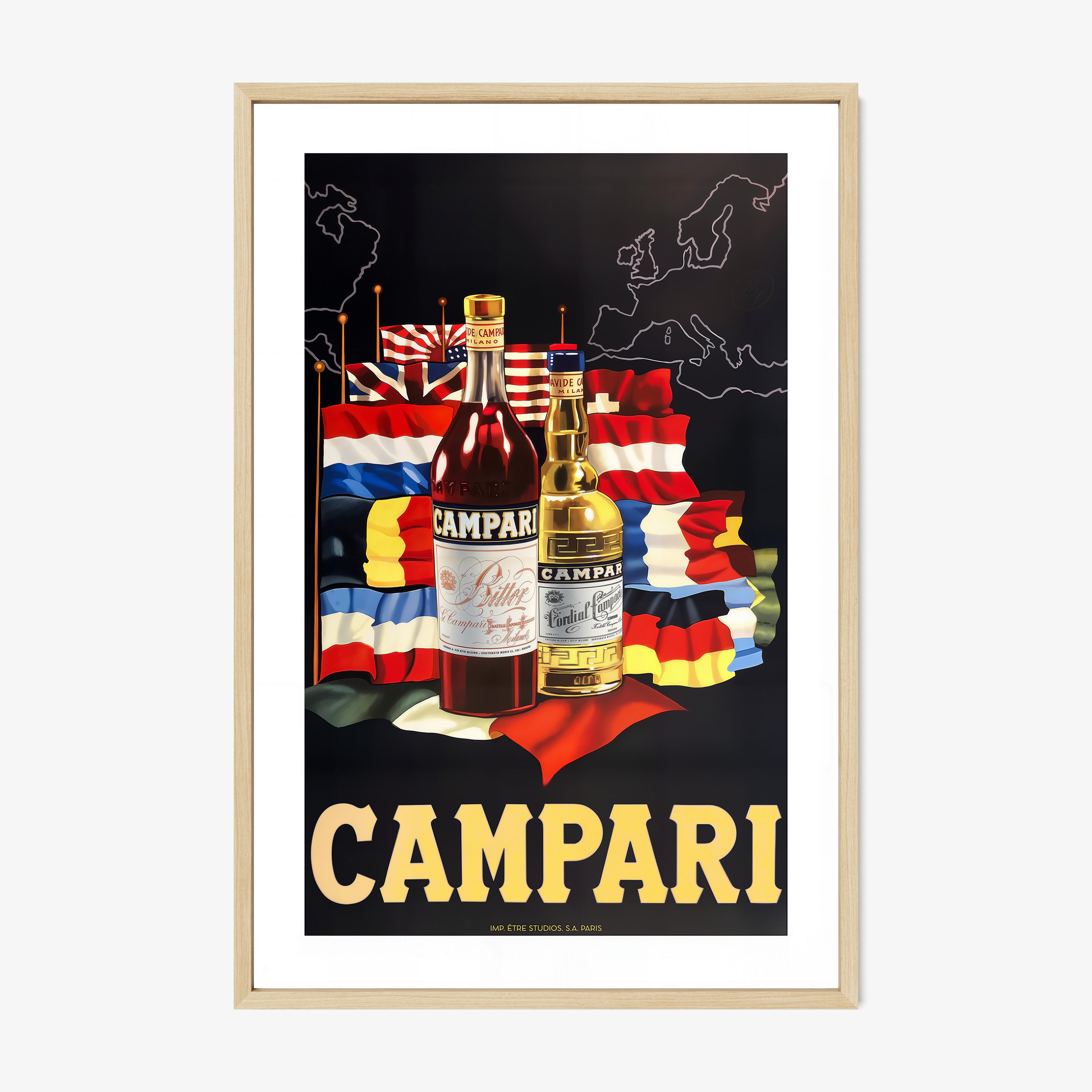 A framed poster features "Campari" bottles with various international flags in the background
