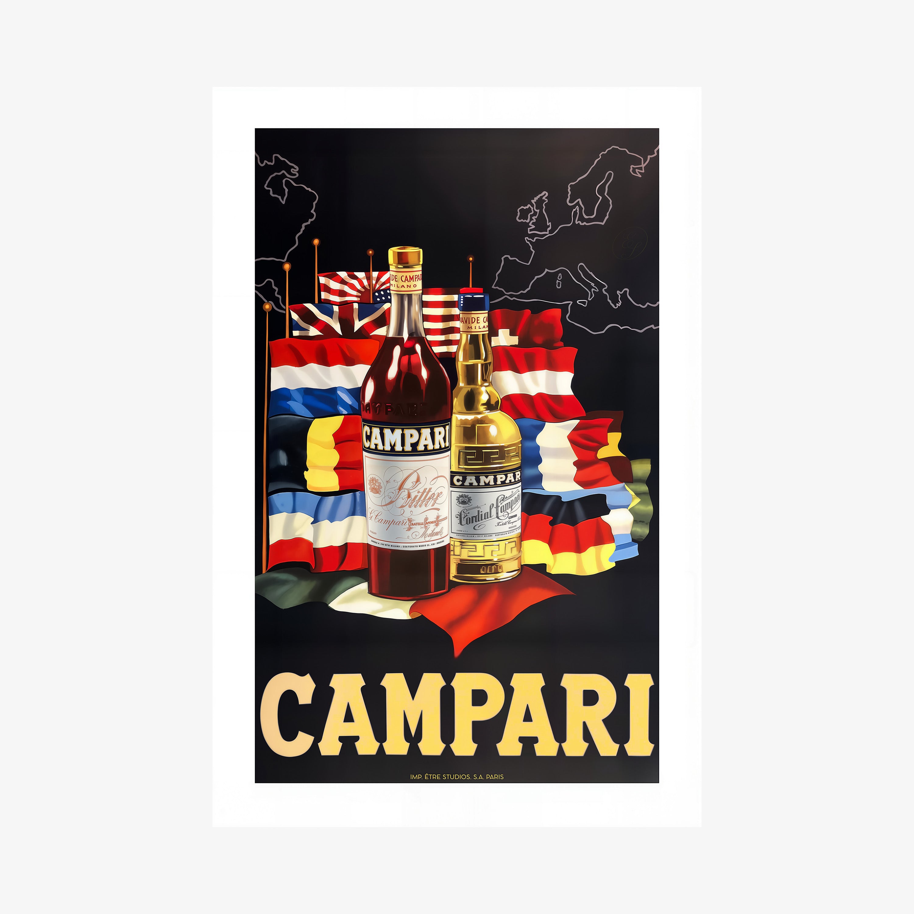A poster features "Campari" bottles with various international flags in the background