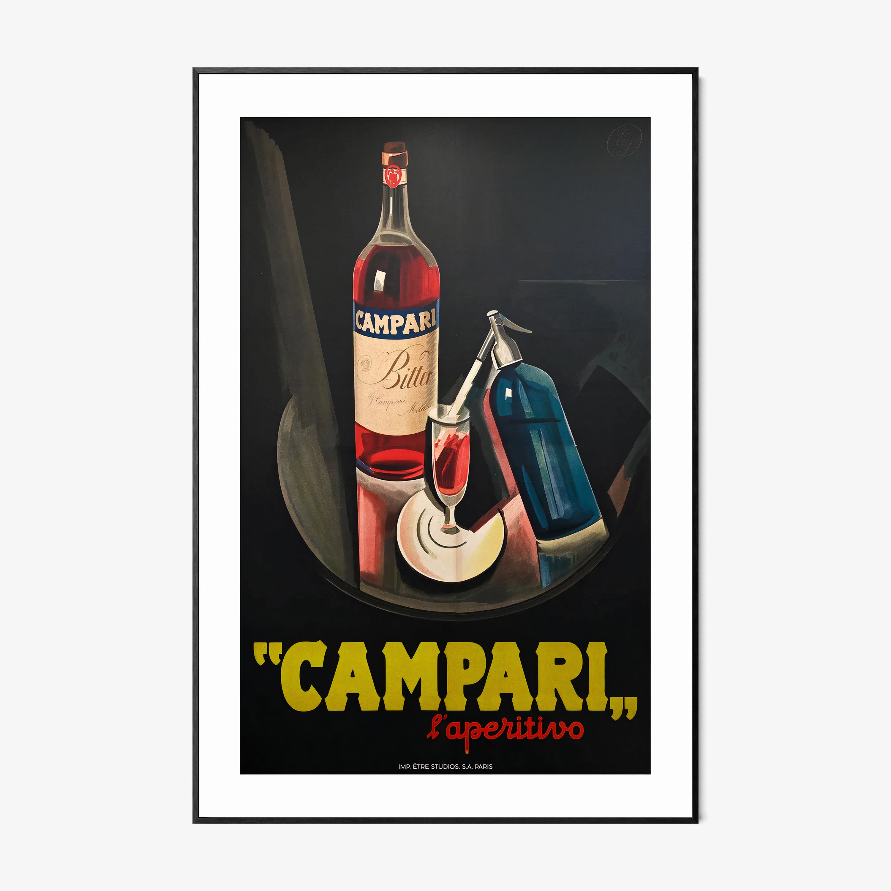 A framed poster features "Campari" with a bottle in the background