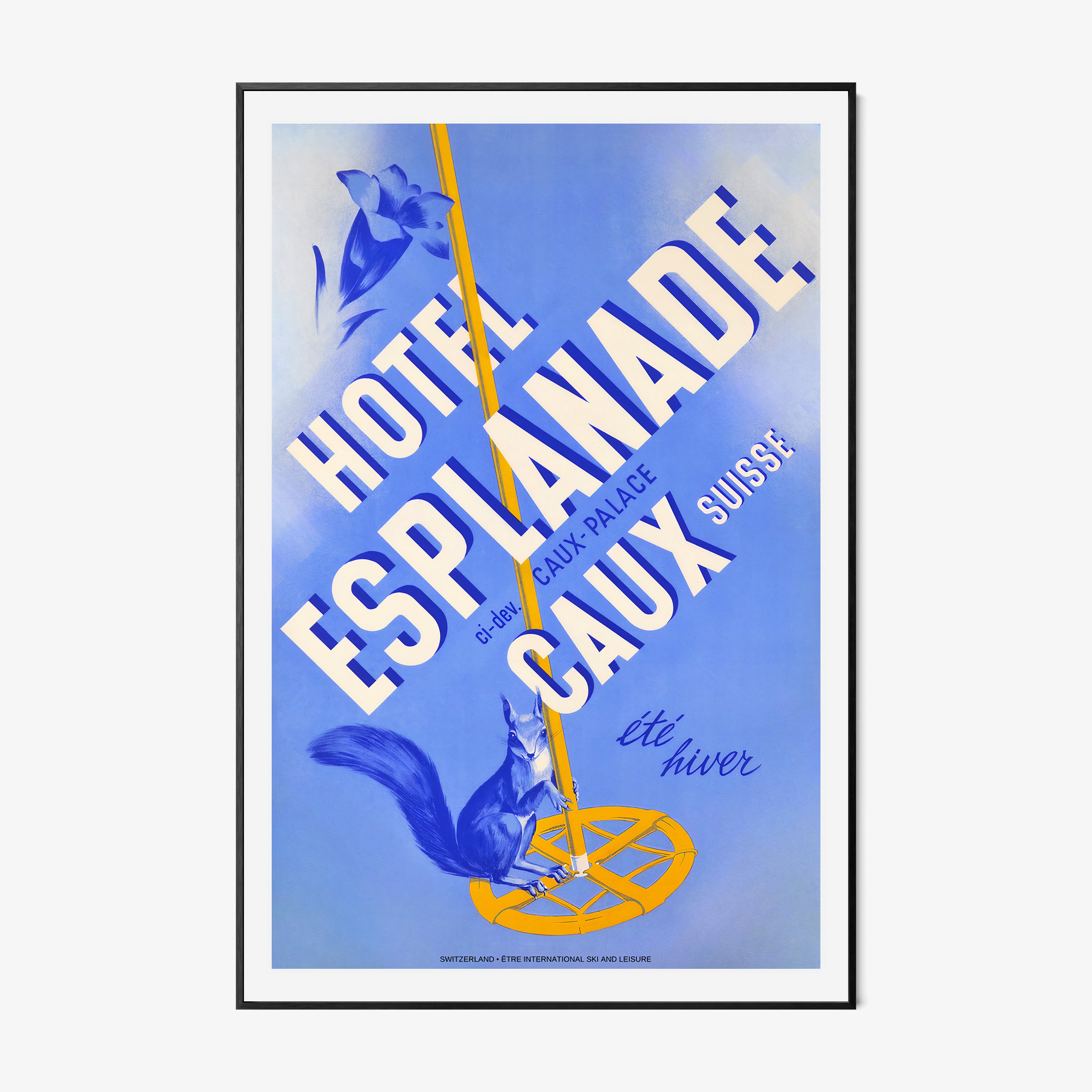 Framed poster of "Hotel Esplanade Caux" with a blue background hanging on a light backdrop