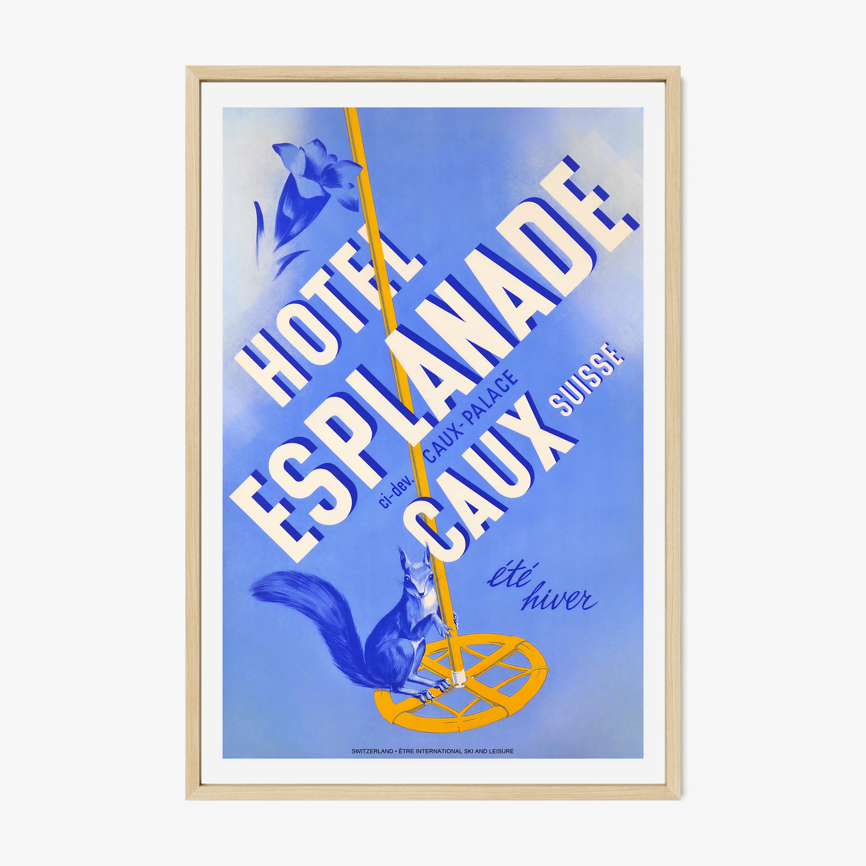 Framed poster of "Hotel Esplanade Caux" with a blue background hanging on a light backdrop