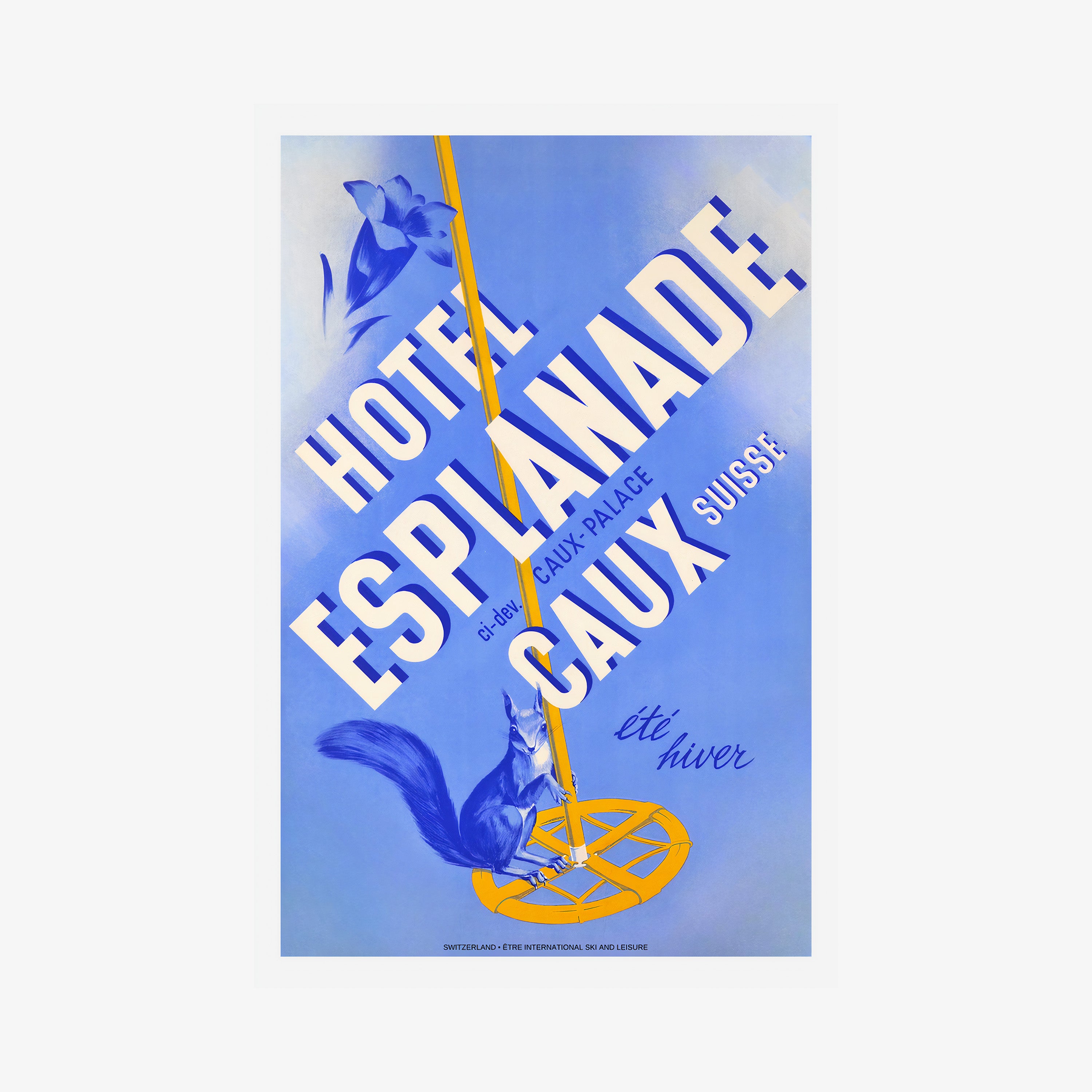Poster of "Hotel Esplanade Caux" with a blue background hanging on a light backdrop