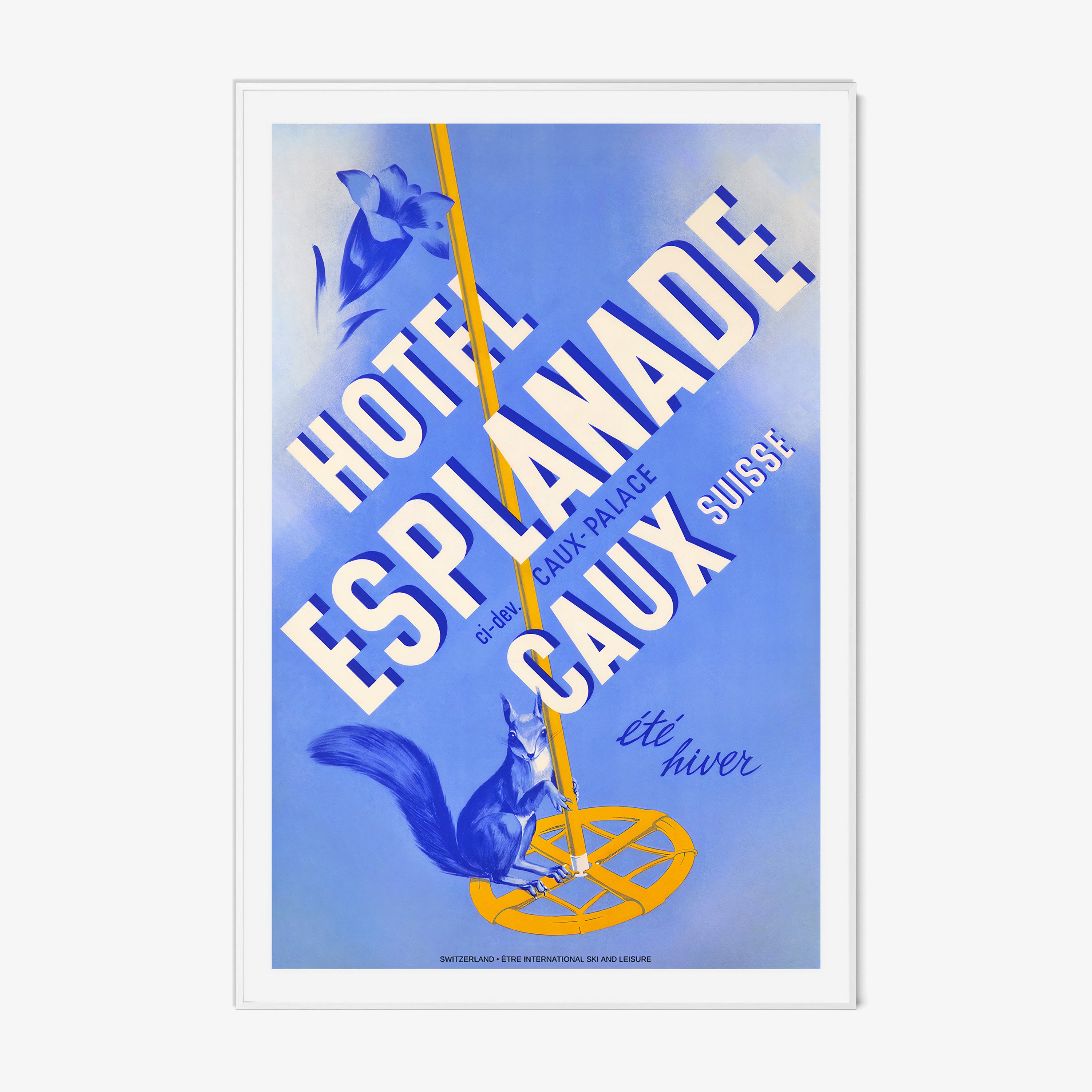 Framed poster of "Hotel Esplanade Caux" with a blue background hanging on a light backdrop