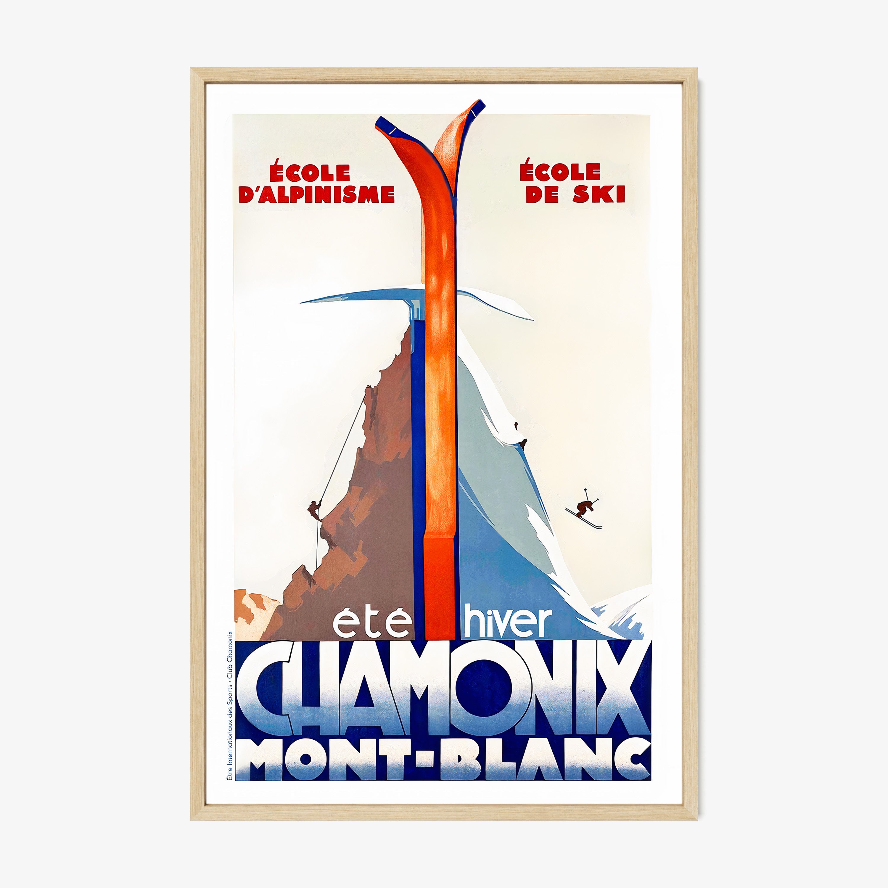 Framed poster of a mountain divided by a winter and summer scene with the text "Chamonic Mont-Blanc" at the bottom hanging in a light background