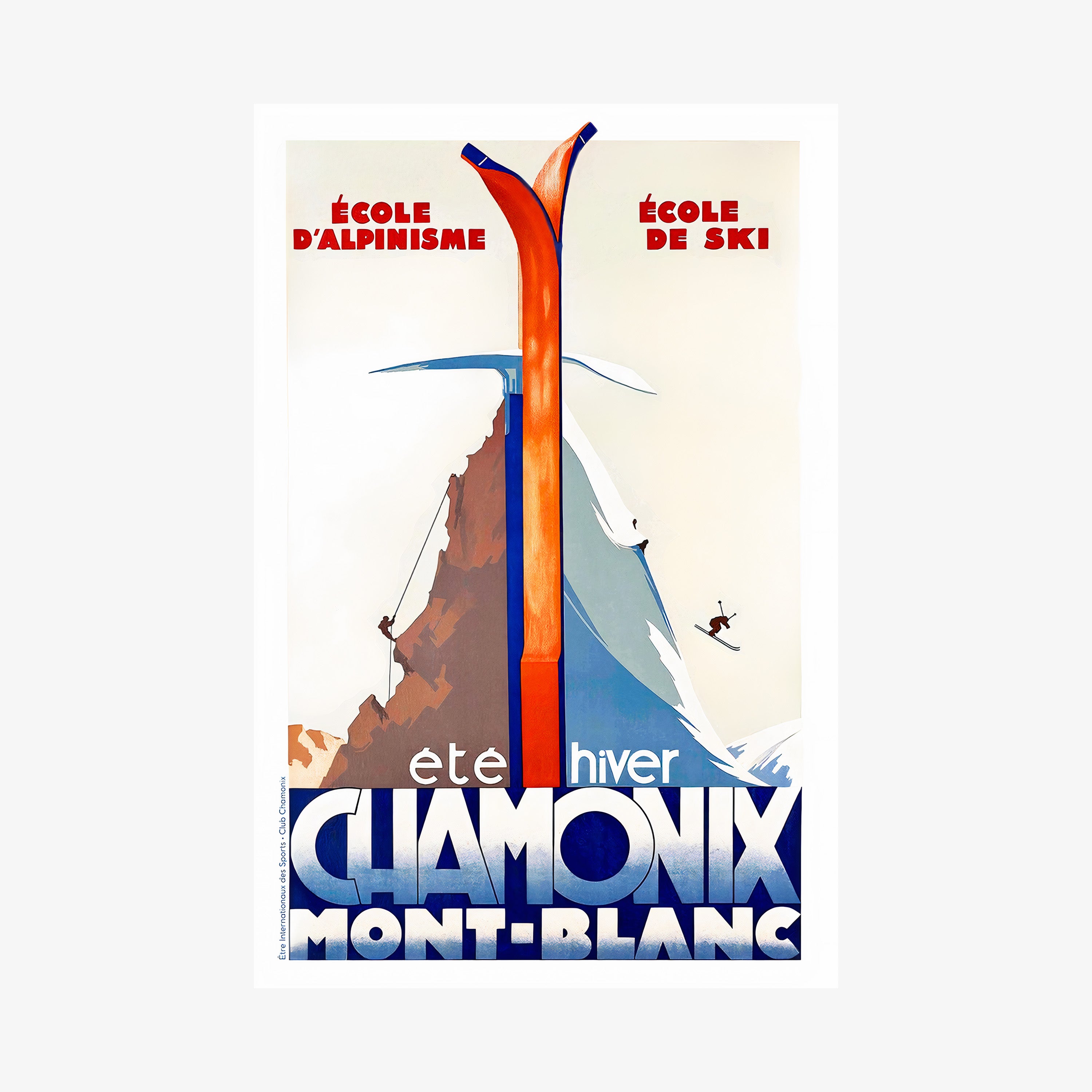 Poster of a mountain divided by a winter and summer scene with the text "Chamonic Mont-Blanc" at the bottom hanging in a light background