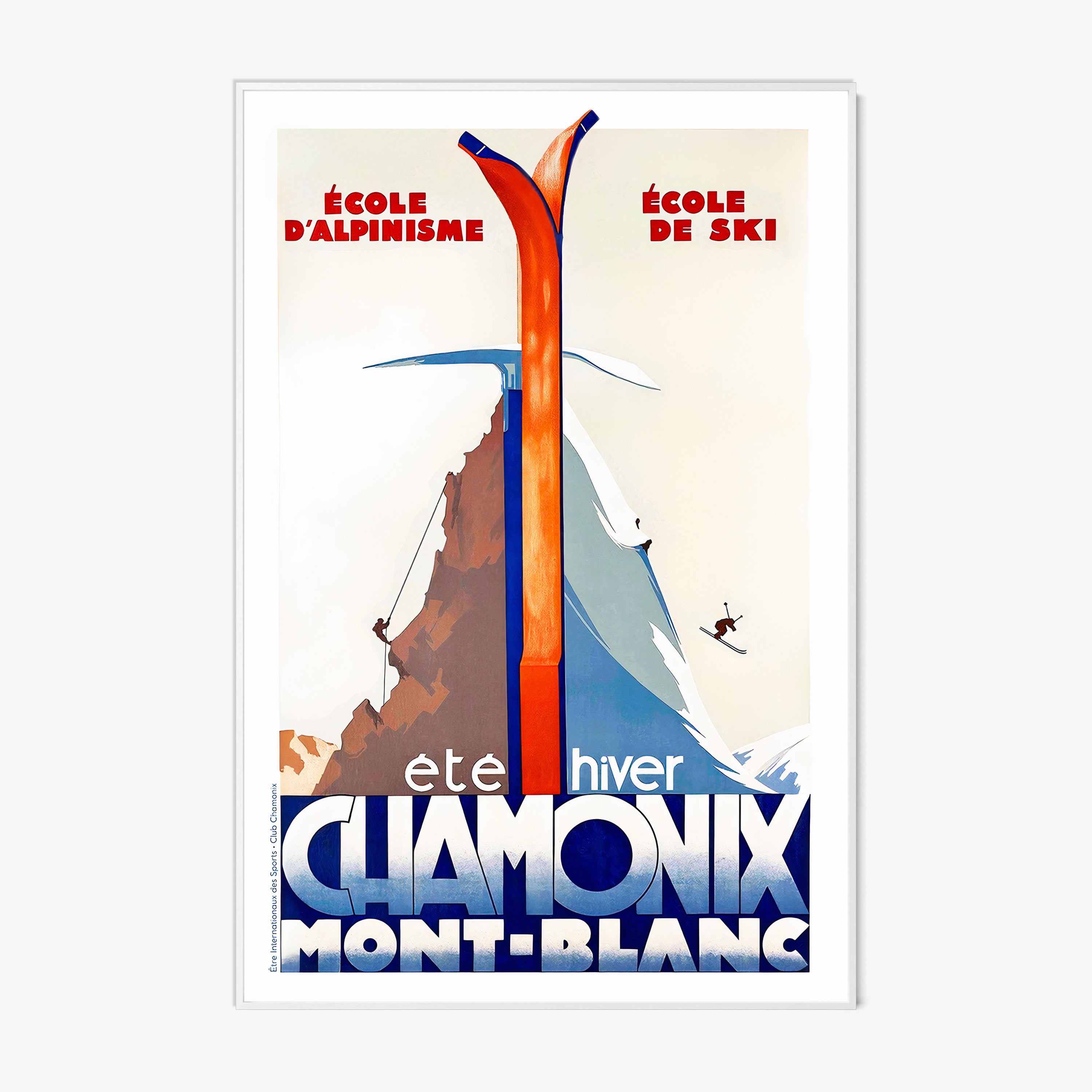 Framed poster of a mountain divided by a winter and summer scene with the text "Chamonic Mont-Blanc" at the bottom hanging in a light background