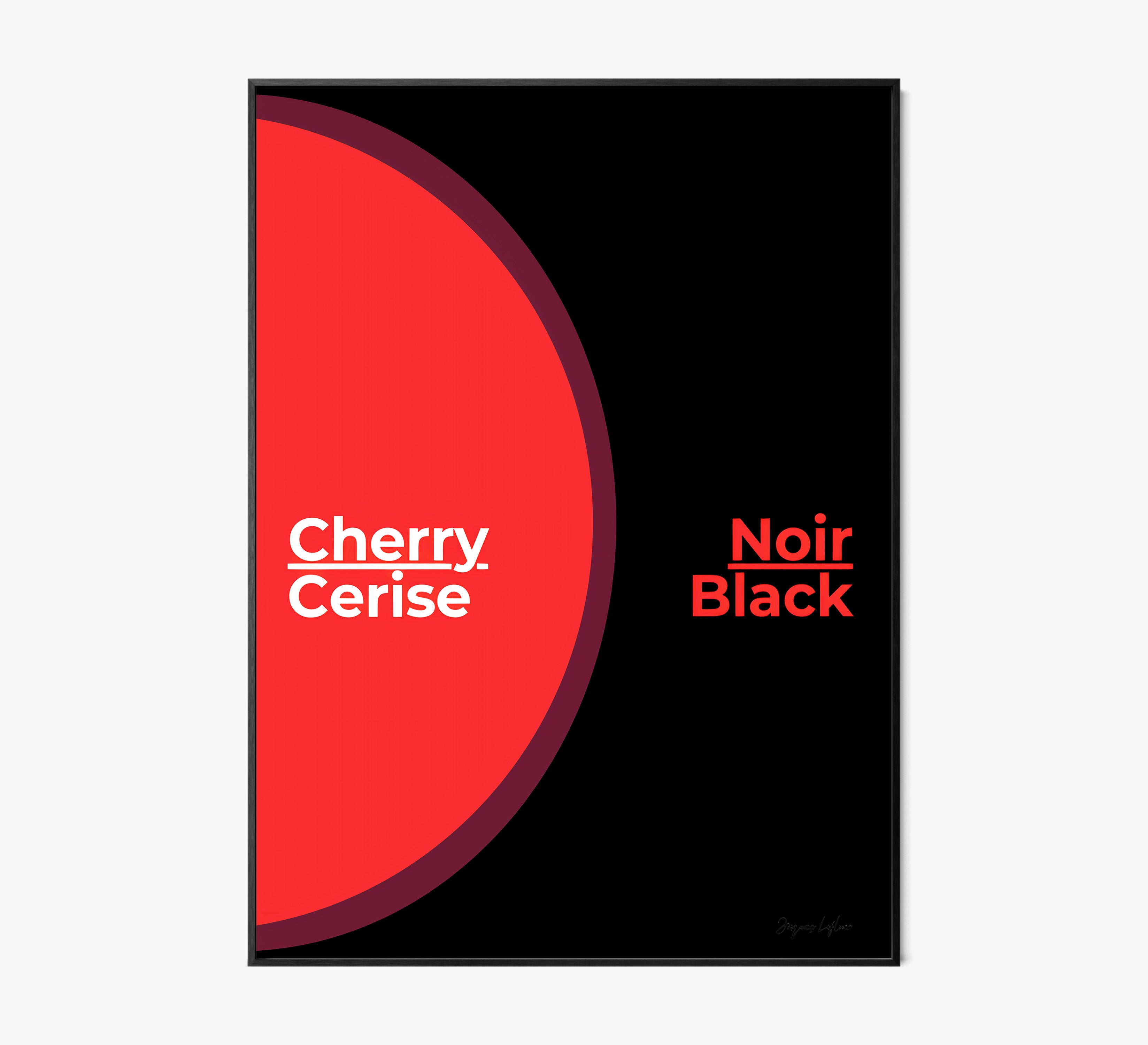 Framed poster of the words "Cherry Black" in English and French hanging on a light background