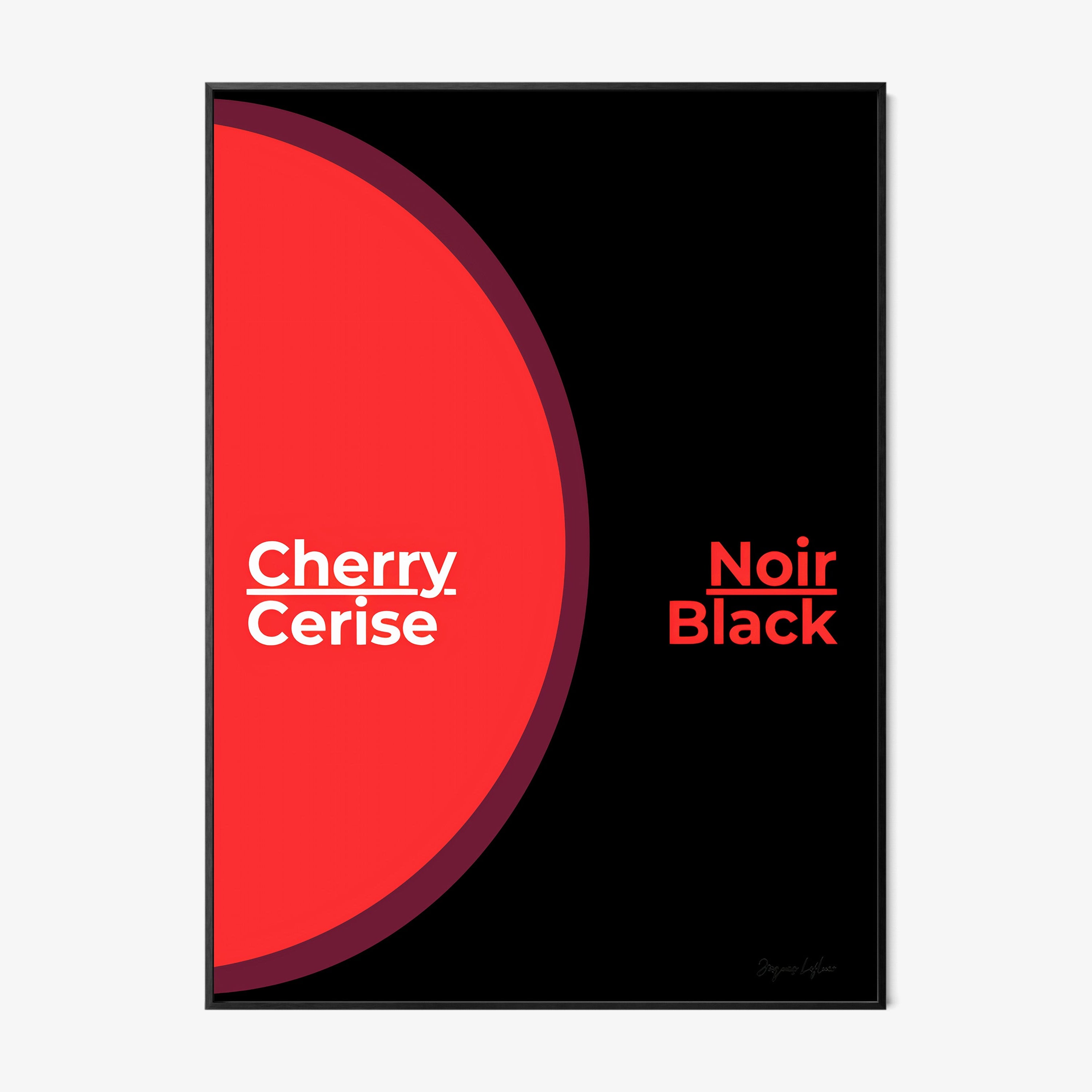 Framed poster of the words "Cherry Black" in English and French hanging on a light background
