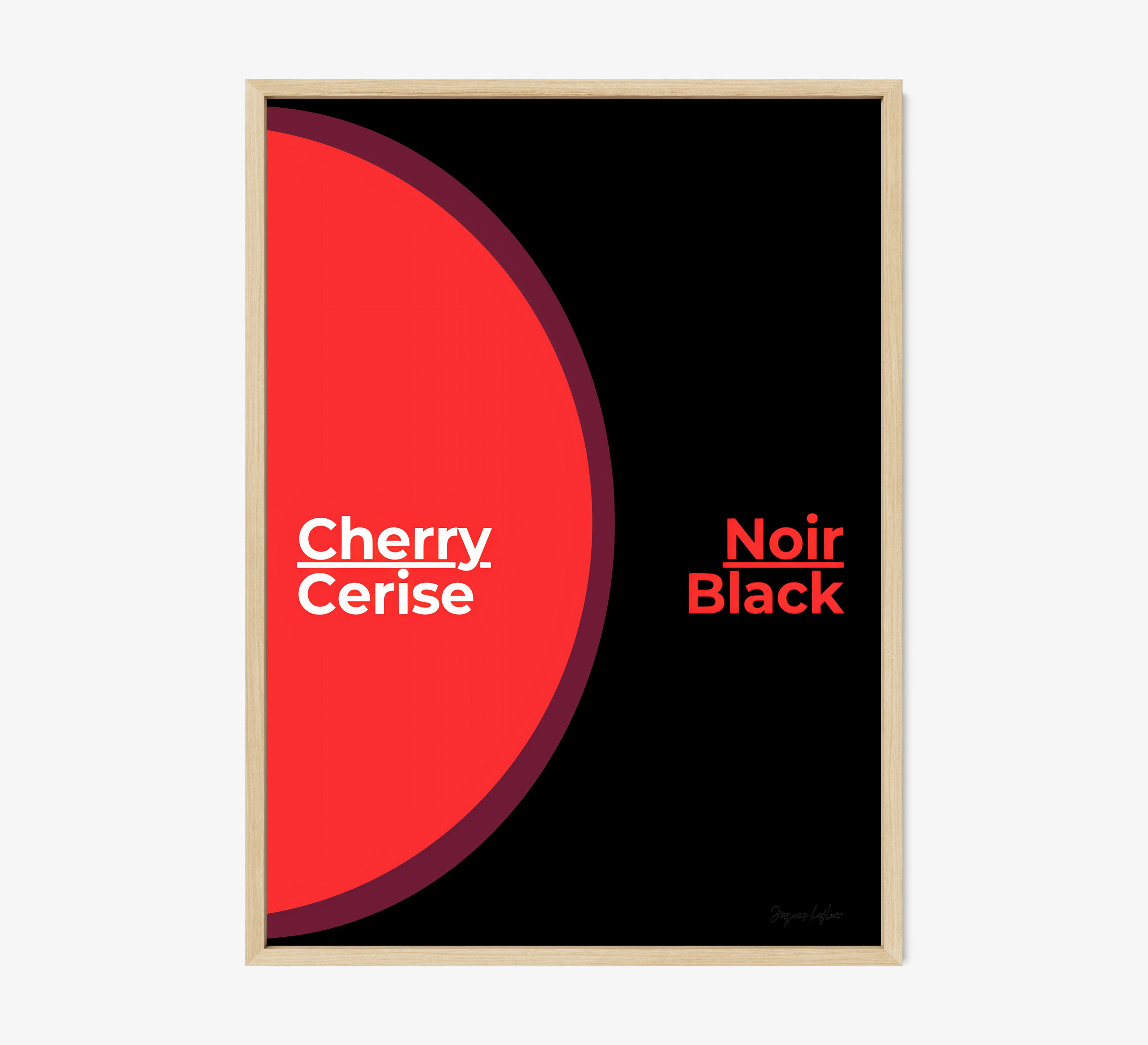Framed poster of the words "Cherry Black" in English and French hanging on a light background