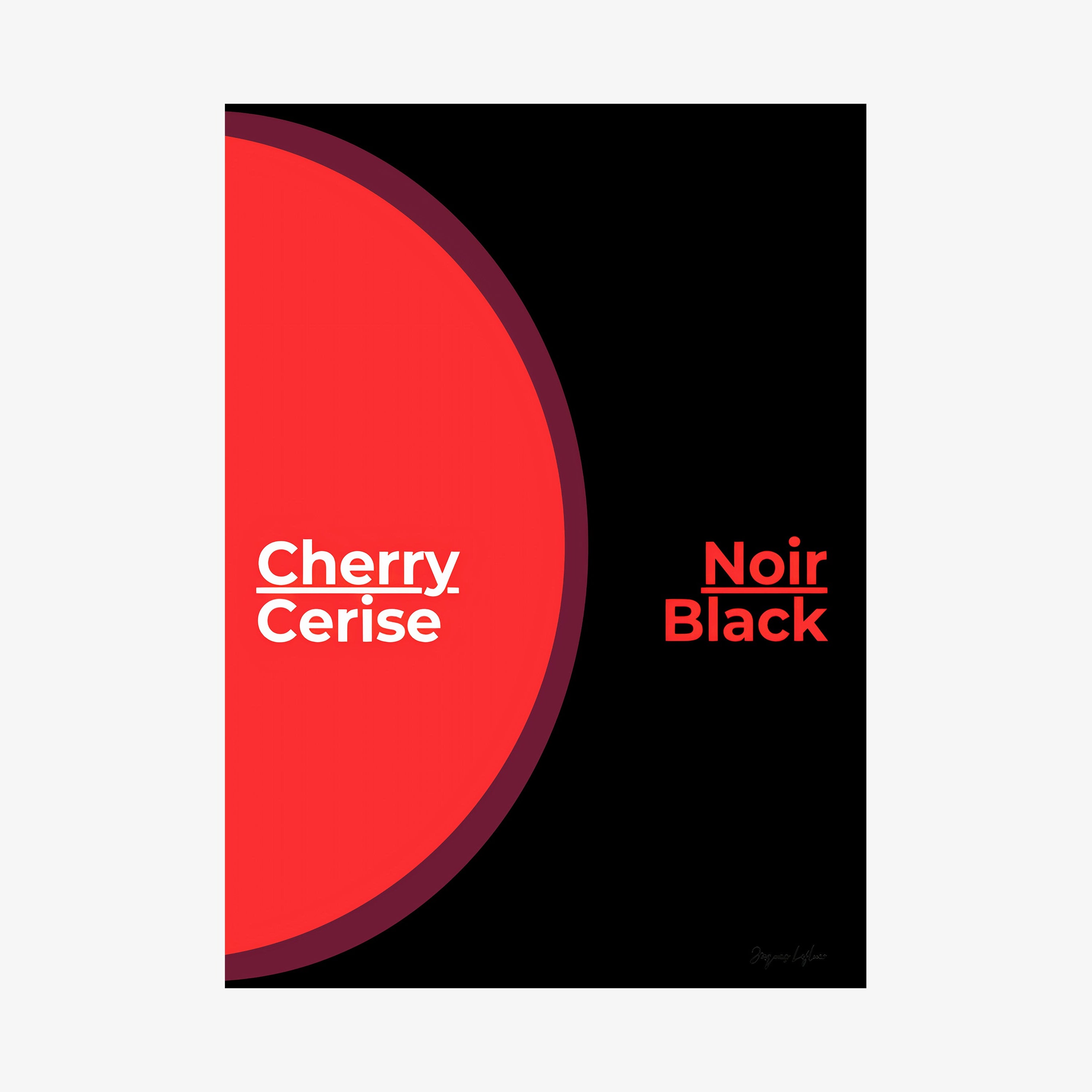 Poster of the words "Cherry Black" in English and French hanging on a light background