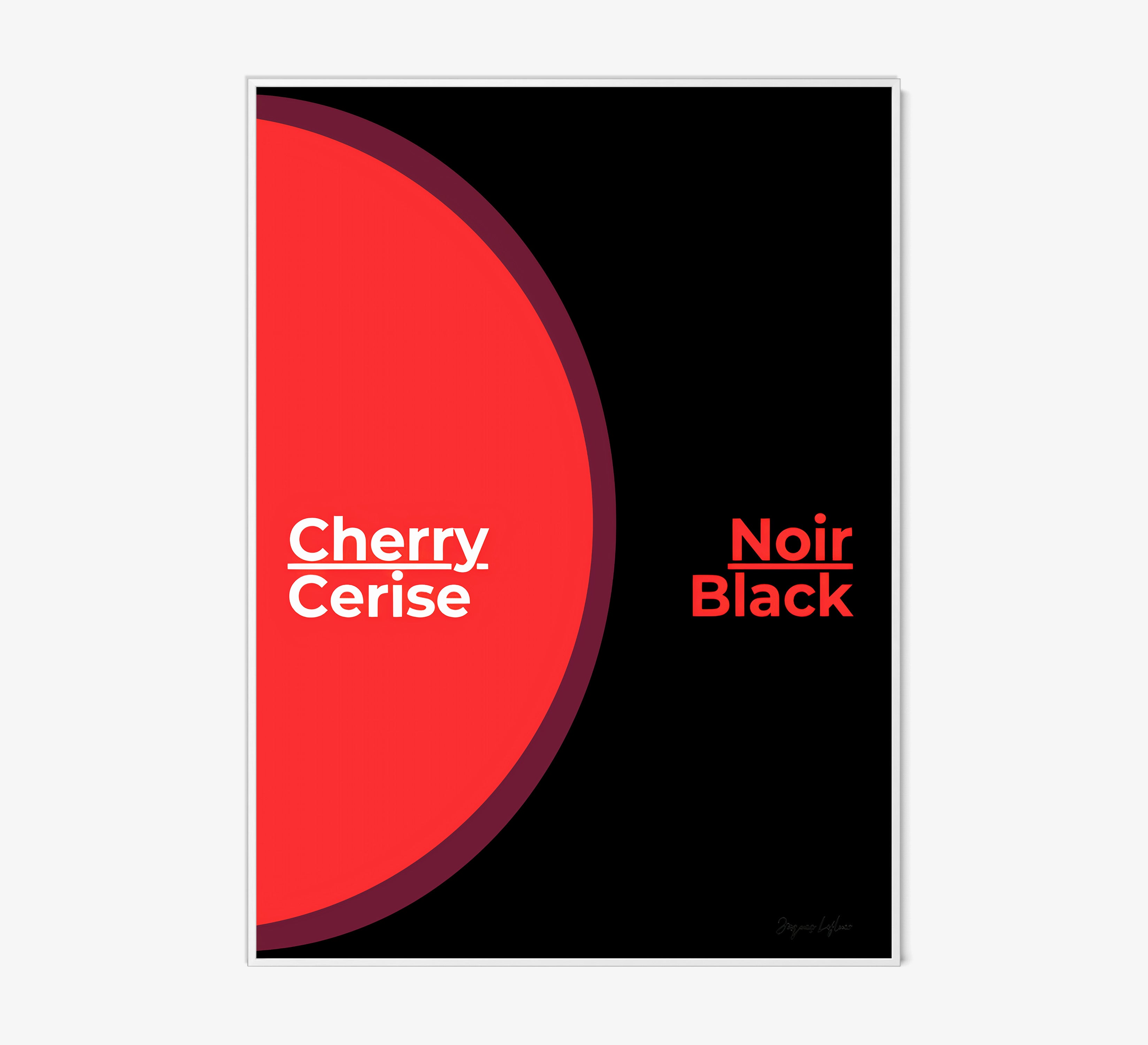Framed poster of the words "Cherry Black" in English and French hanging on a light background
