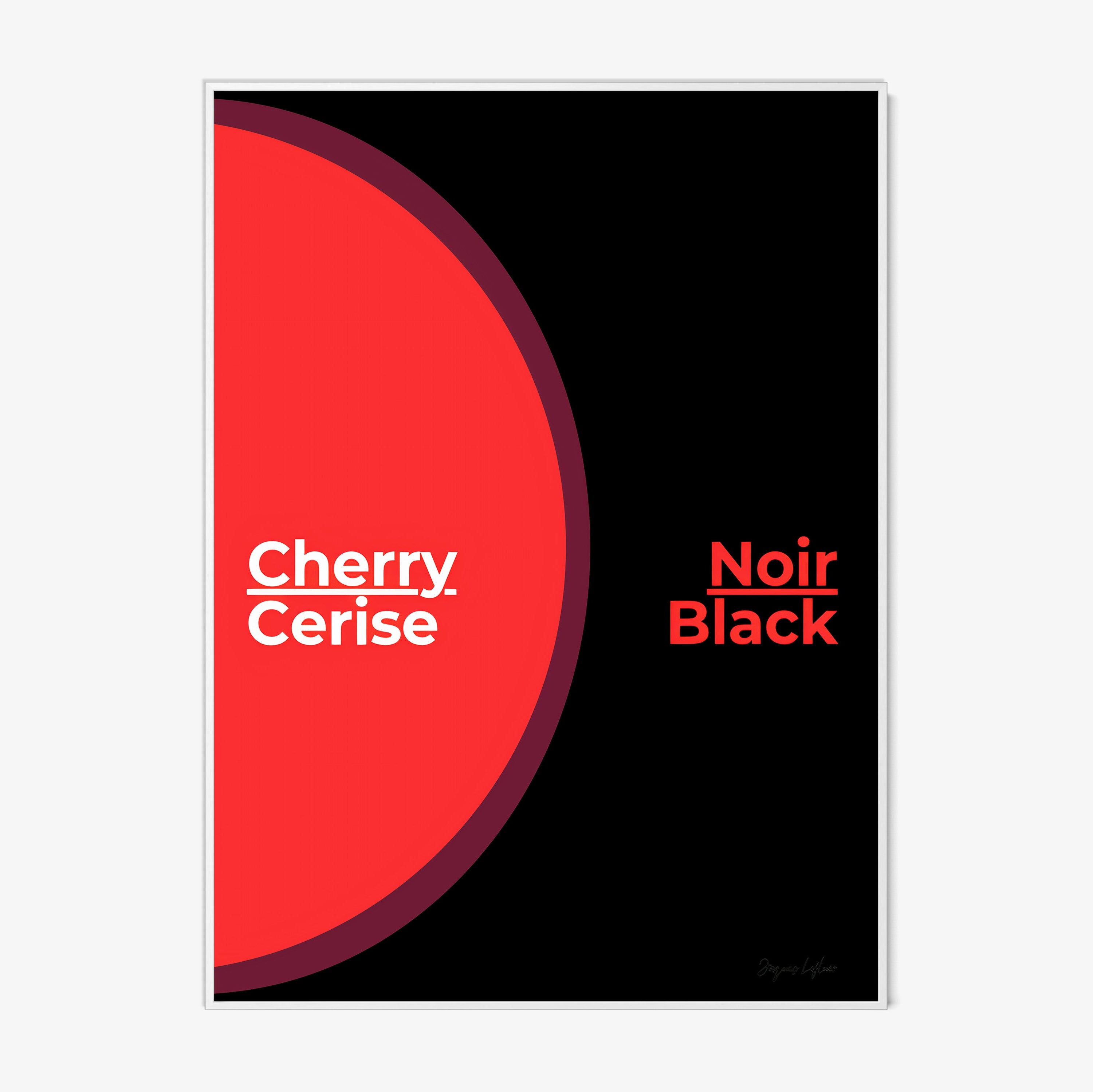 Framed poster of the words "Cherry Black" in English and French hanging on a light background