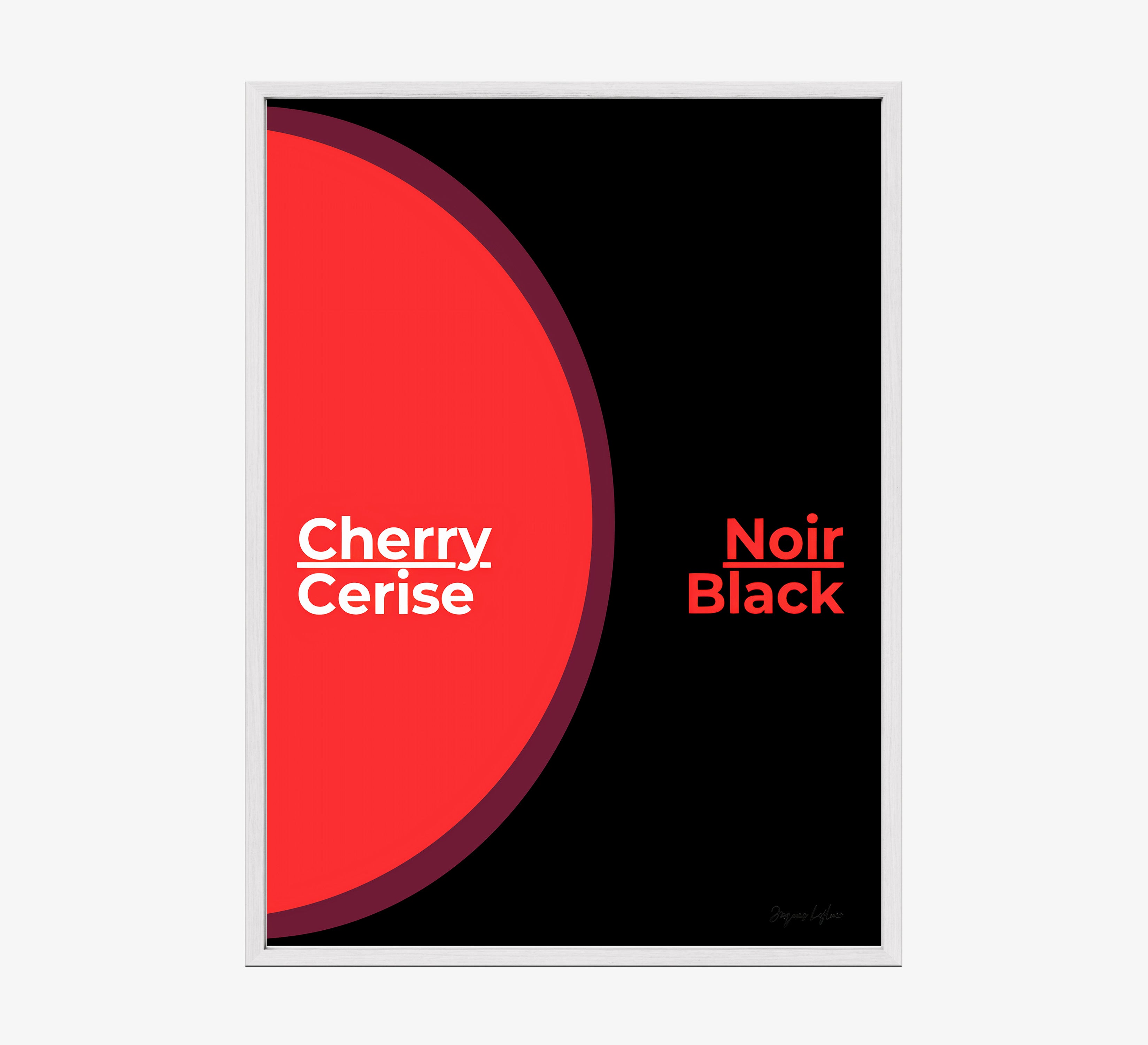 Framed poster of the words "Cherry Black" in English and French hanging on a light background