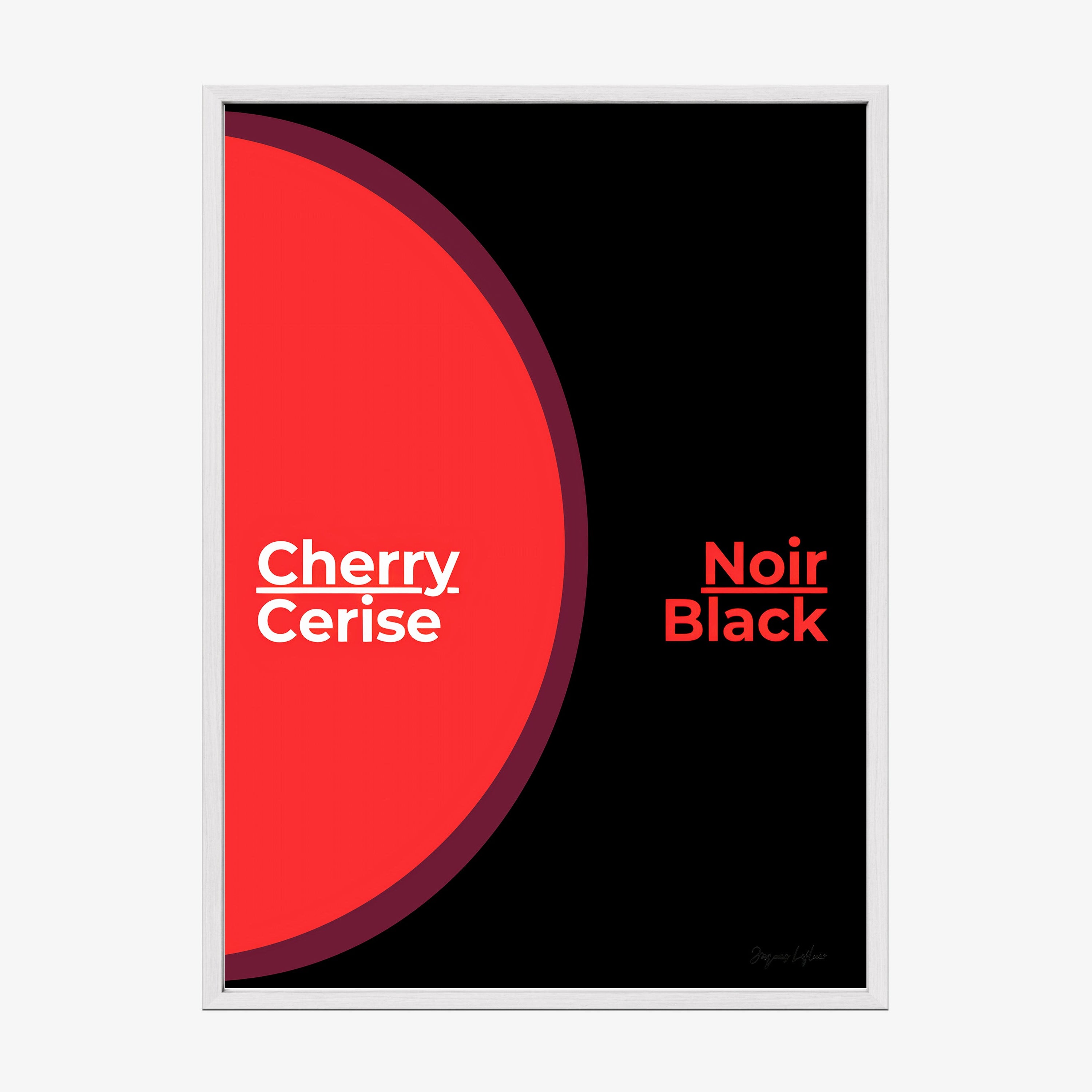 Framed poster of the words "Cherry Black" in English and French hanging on a light background