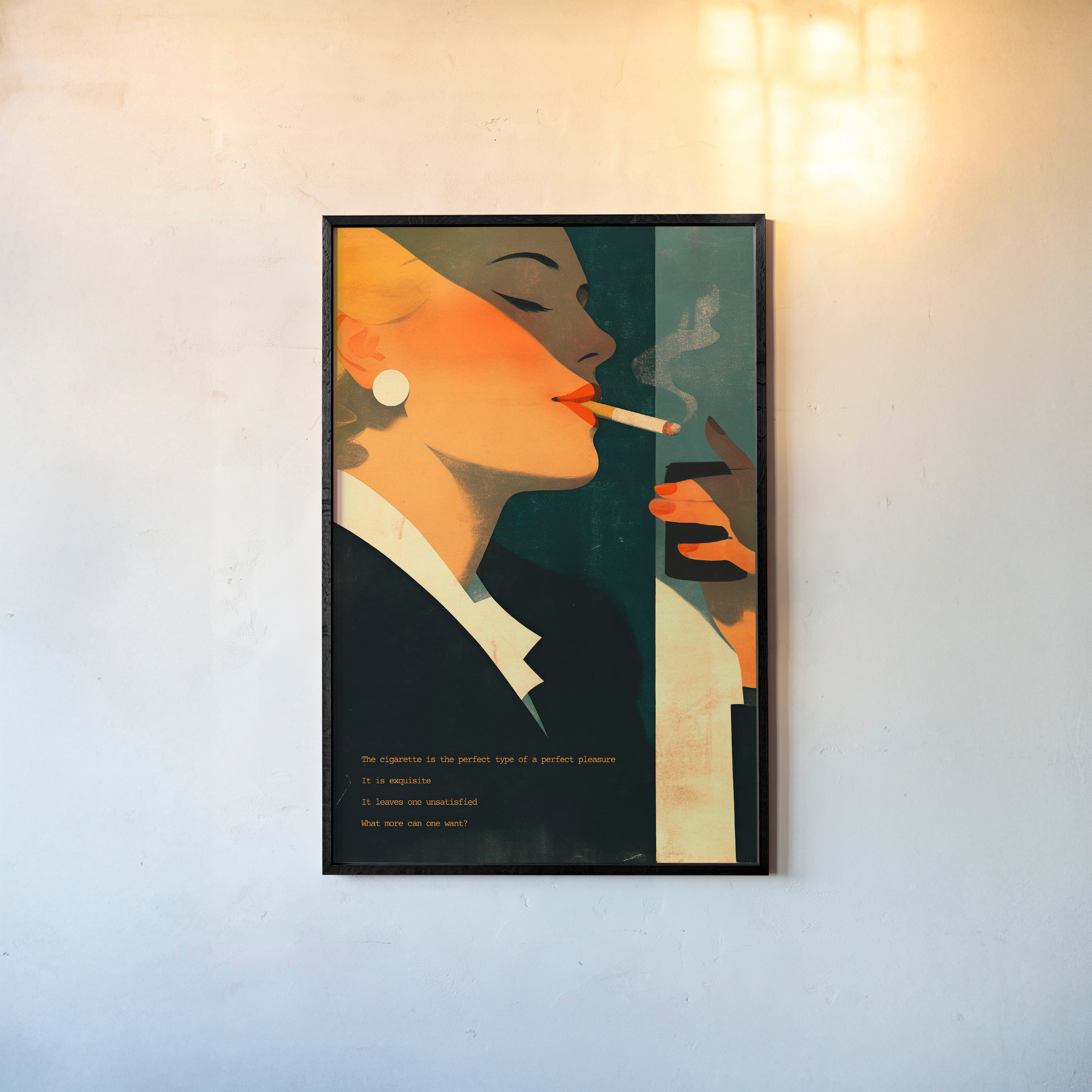 Framed Poster of a woman smoking a cigarette hanging on a light background