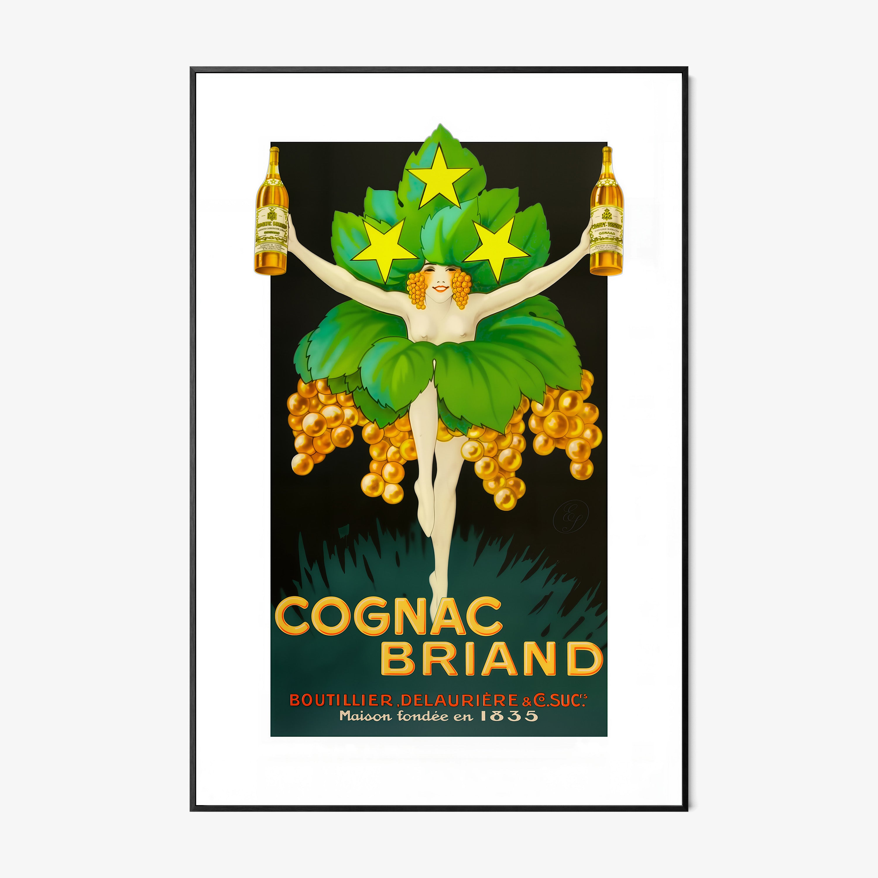A framed poster features a dressed up woman centered over the words "Cognac Briand"