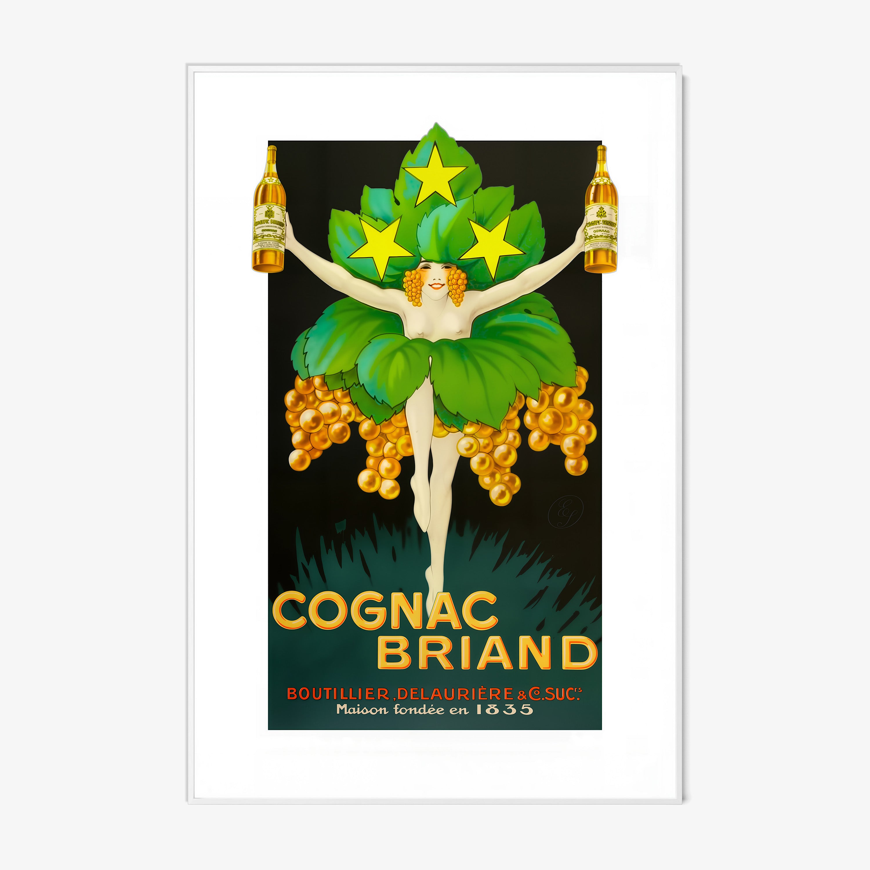 A framed poster features a dressed up woman centered over the words "Cognac Briand"