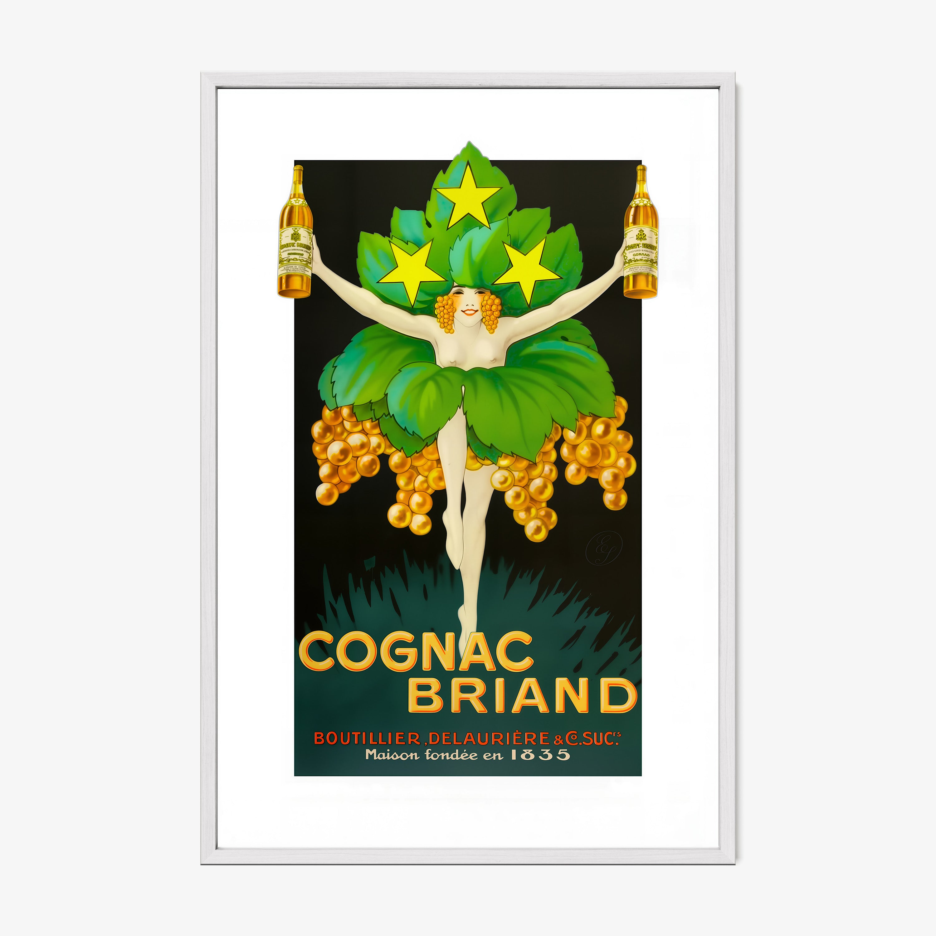 A framed poster features a dressed up woman centered over the words "Cognac Briand"