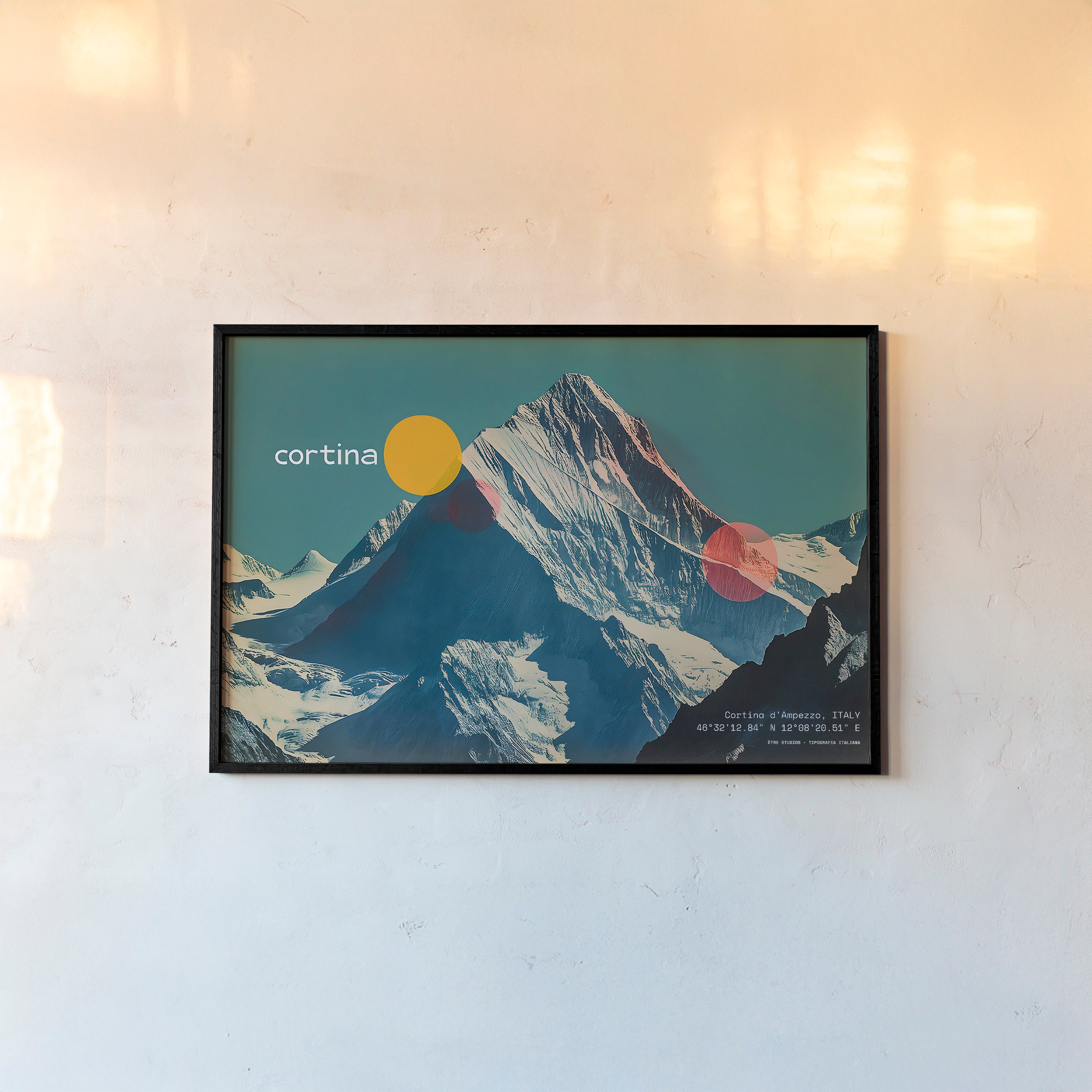 Framed poster of Cortina ski mountain hanging on a light background