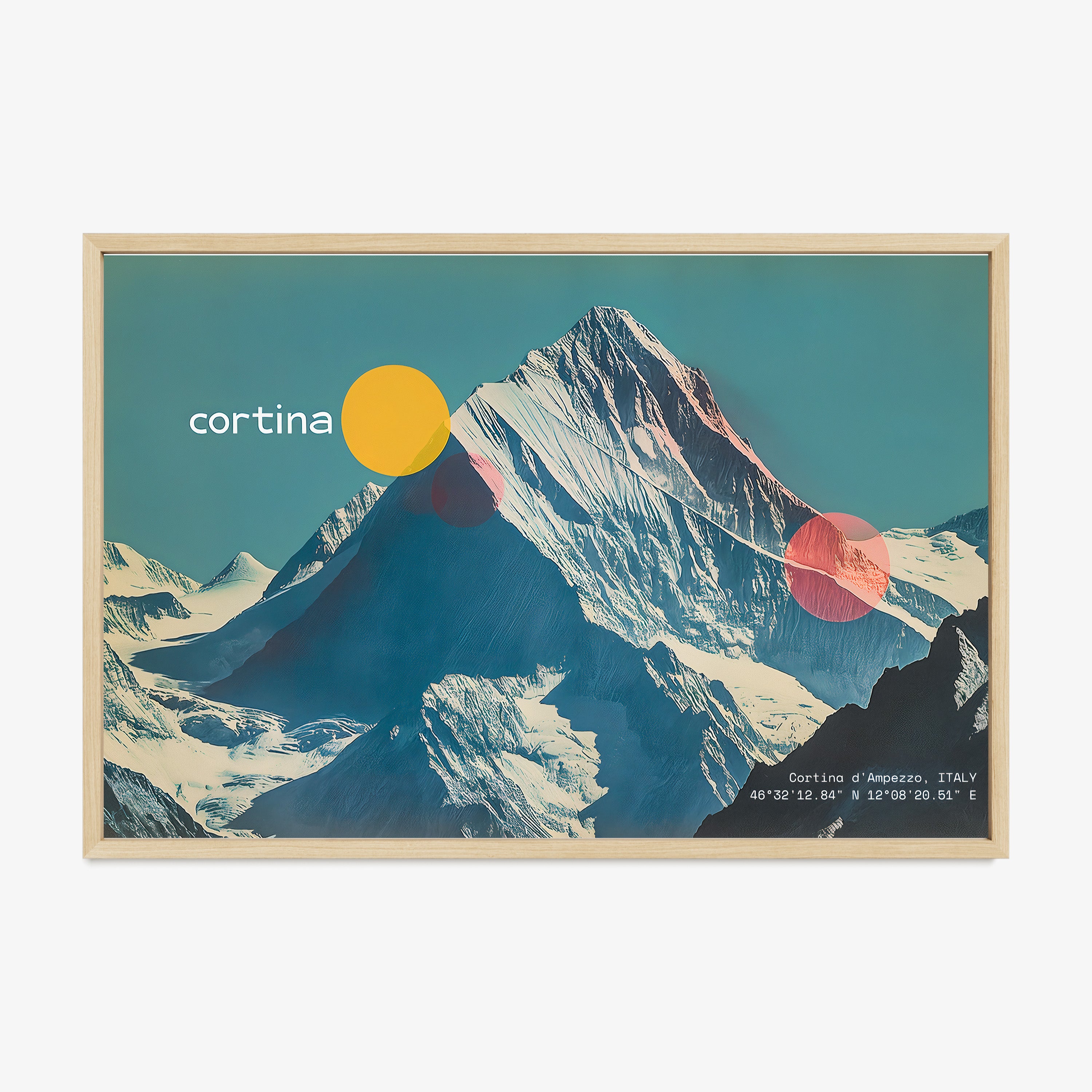 Framed poster of Cortina ski mountain hanging on a light background