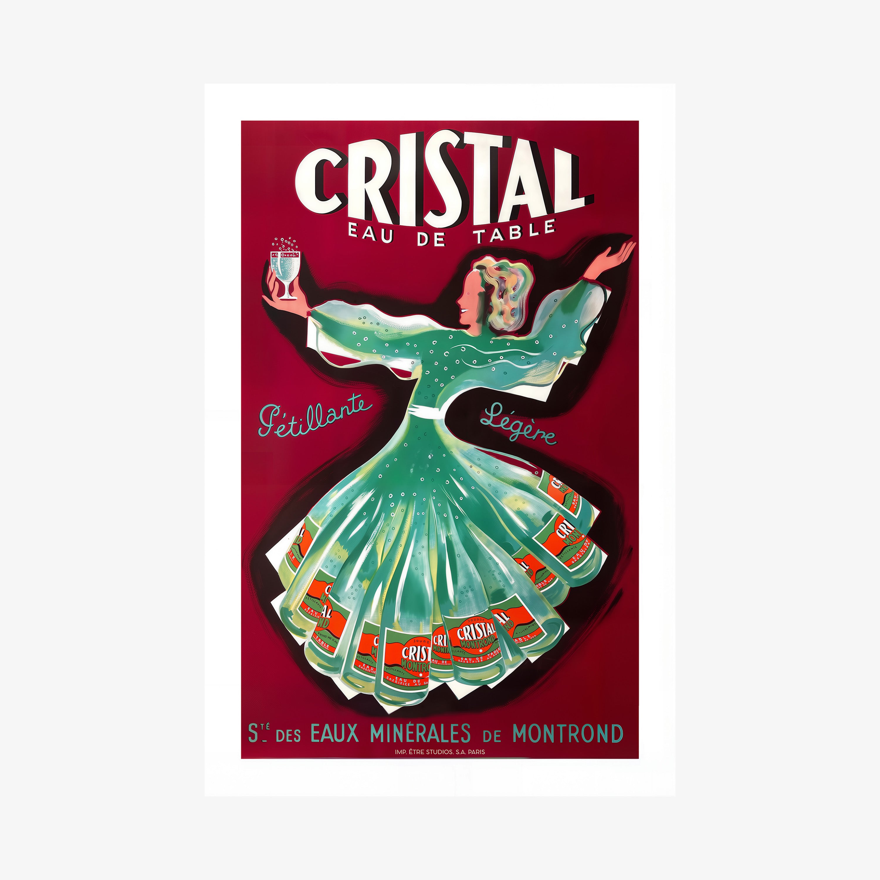 A poster features a whimsical woman dancing holding a glass of Cristal