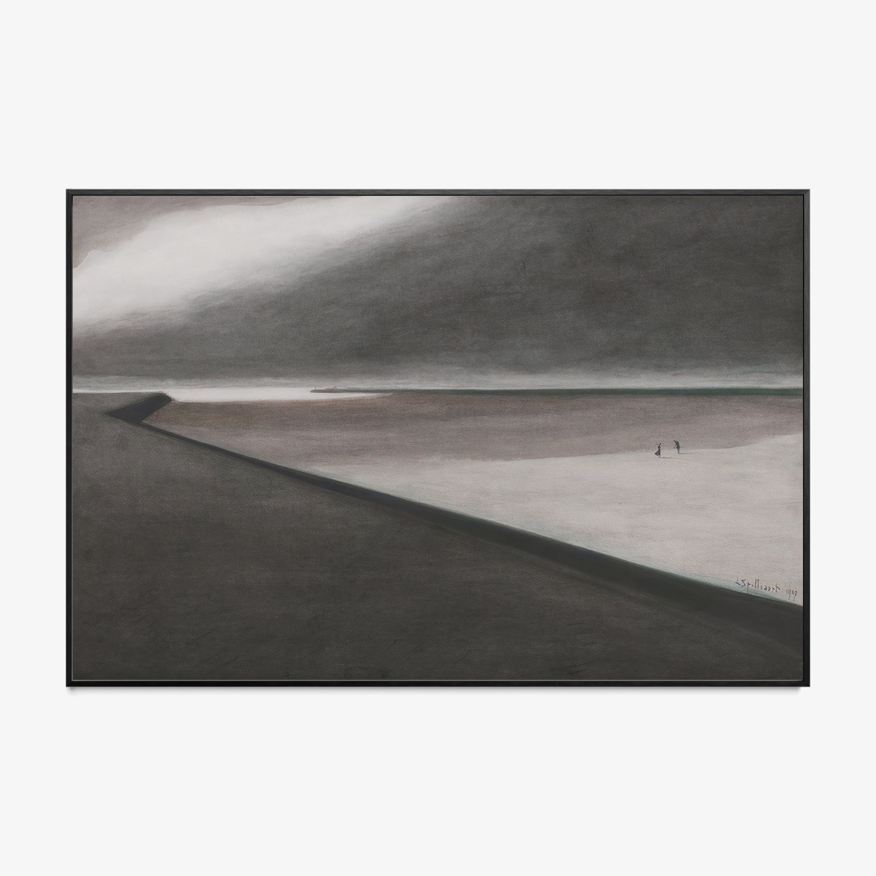 Framed poster of a dark beach scene hanging on a light background